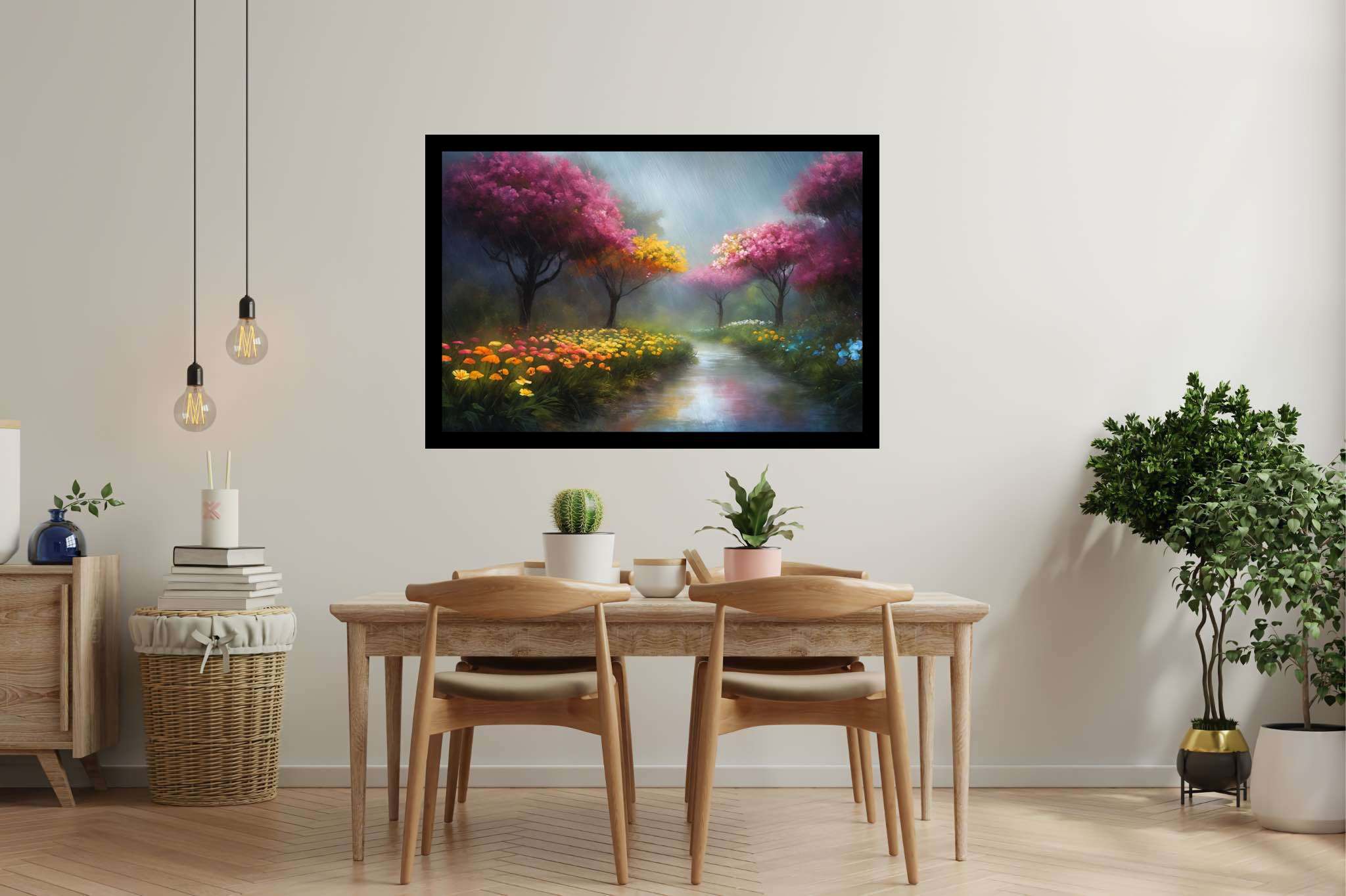 Murmurs of dawn stream: Nature art with landscape painting, in a room with innovative layout, abstract paintings, and home furnishings. The art can be printed on poster, framed poster, canvas, metal, acrylic or wood, exclusively at WallArtZen. Find this exact print at https://wallartzen.com/waz216