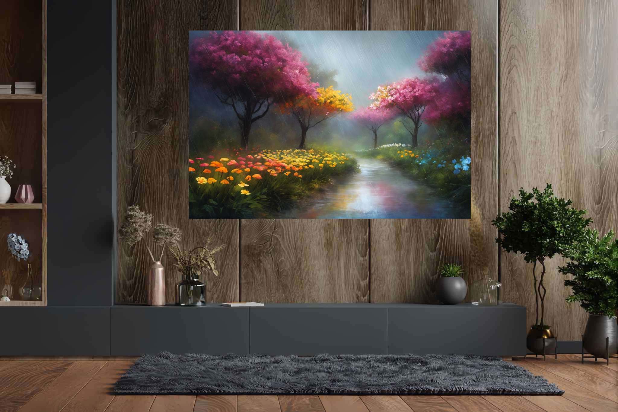 Murmurs of dawn stream: Nature art with outdoor art, in a room with innovative layout, wall hangings, and interior decorations. The art can be printed on poster, framed poster, canvas, metal, acrylic or wood, exclusively at WallArtZen. Find this exact print at https://wallartzen.com/waz216