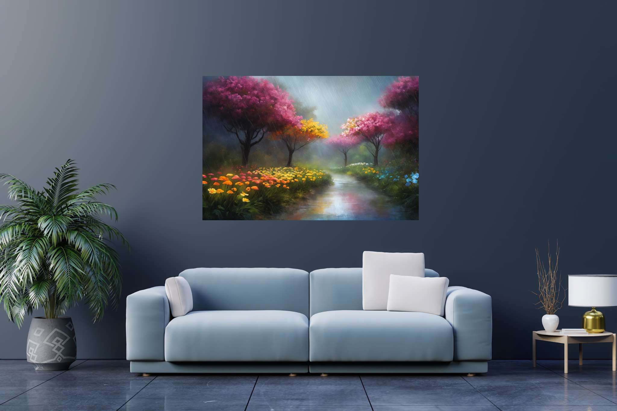 Murmurs of dawn stream: Nature art with natural scenery, in a room with contemporary flair, wall hangings, and stylish accessories. The art can be printed on poster, framed poster, canvas, metal, acrylic or wood, exclusively at WallArtZen. Find this exact print at https://wallartzen.com/waz216