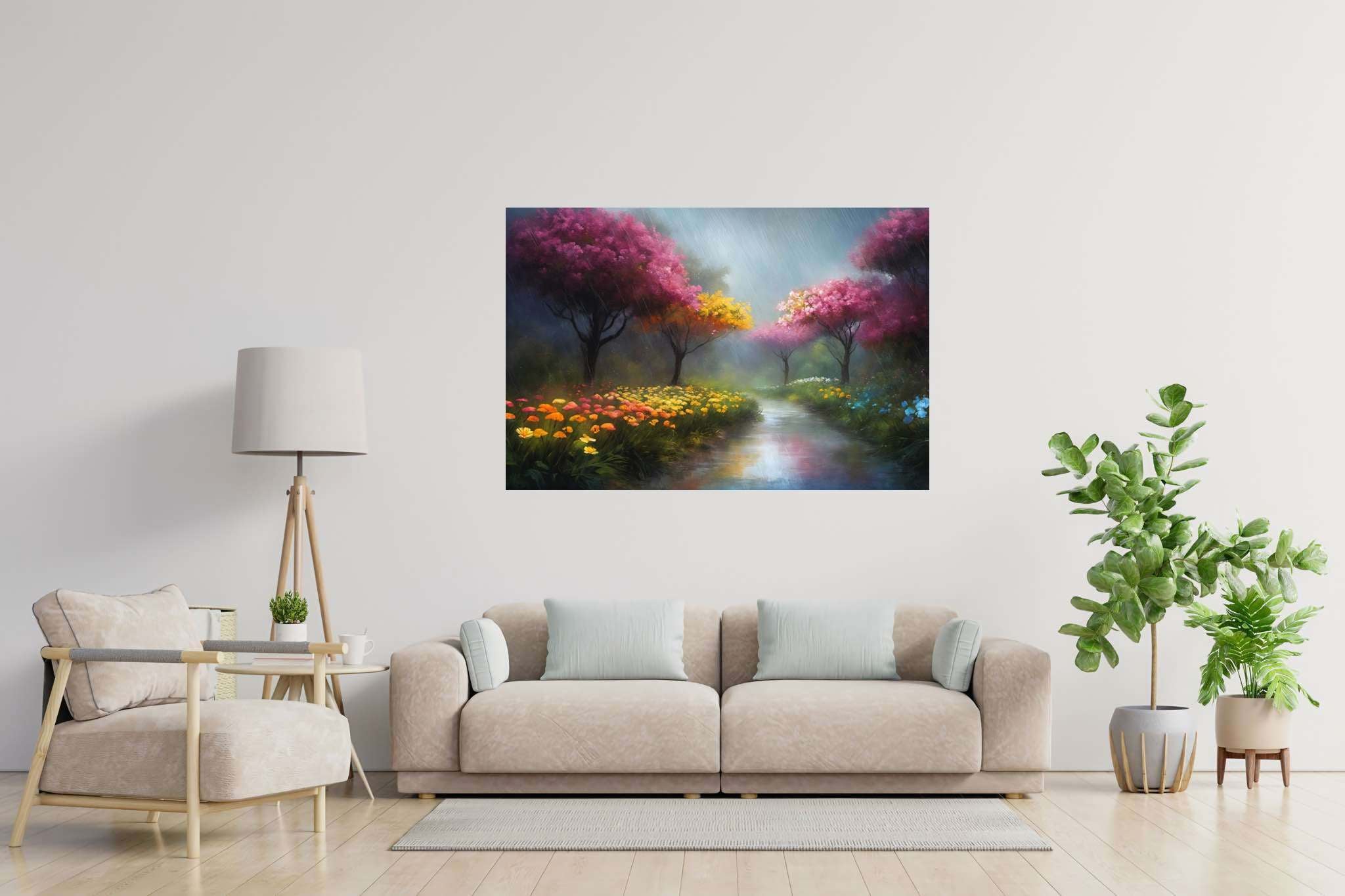Murmurs of dawn stream: Nature art with landscape painting, in a room with elegant layout, gallery-quality artwork, and luxe decor. The art can be printed on poster, framed poster, canvas, metal, acrylic or wood, exclusively at WallArtZen. Find this exact print at https://wallartzen.com/waz216