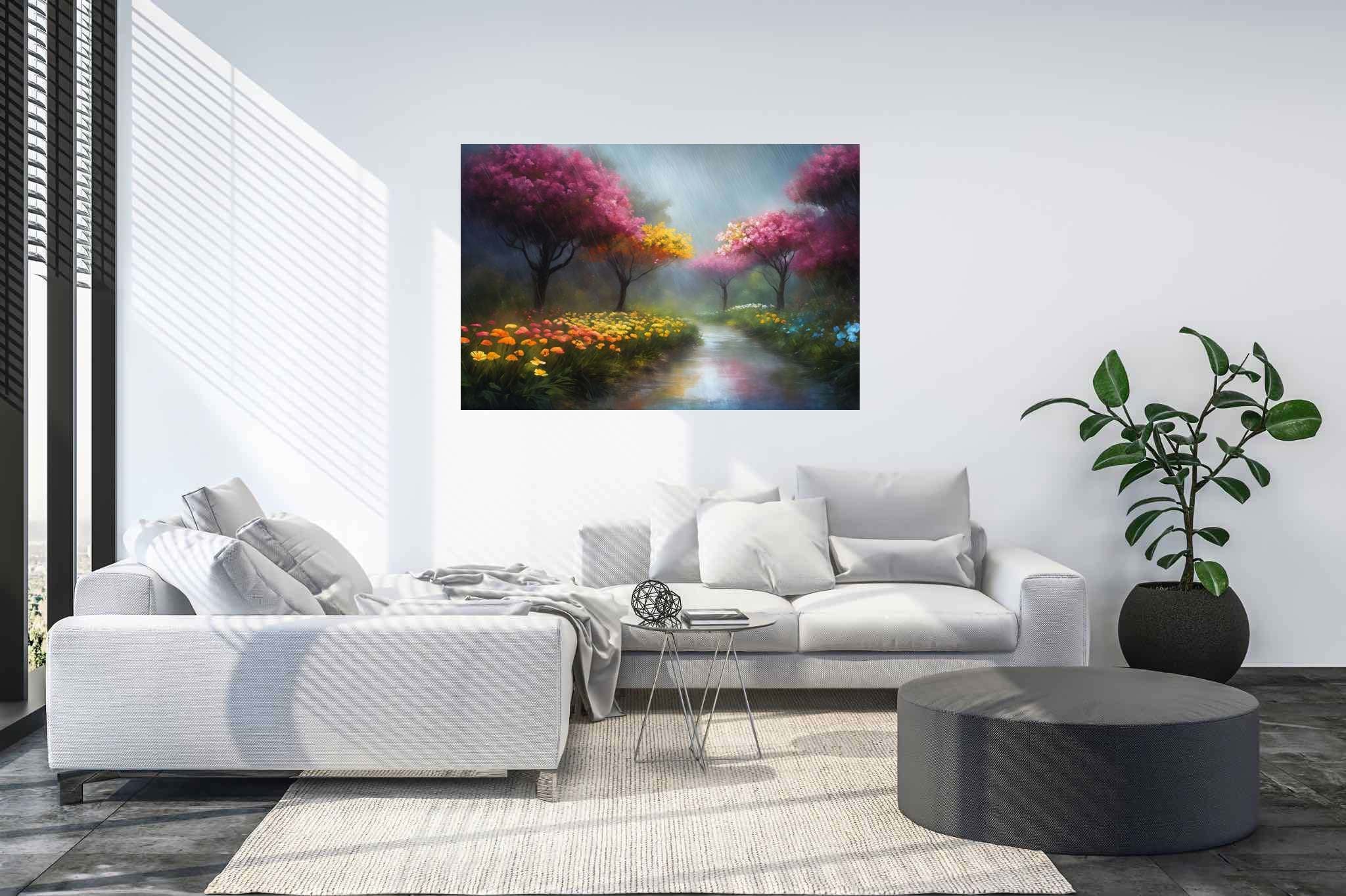 Murmurs of dawn stream: Nature art with nature-inspired artwork, in a room with classic elegance, fine art prints, and stylish accessories. The art can be printed on poster, framed poster, canvas, metal, acrylic or wood, exclusively at WallArtZen. Find this exact print at https://wallartzen.com/waz216
