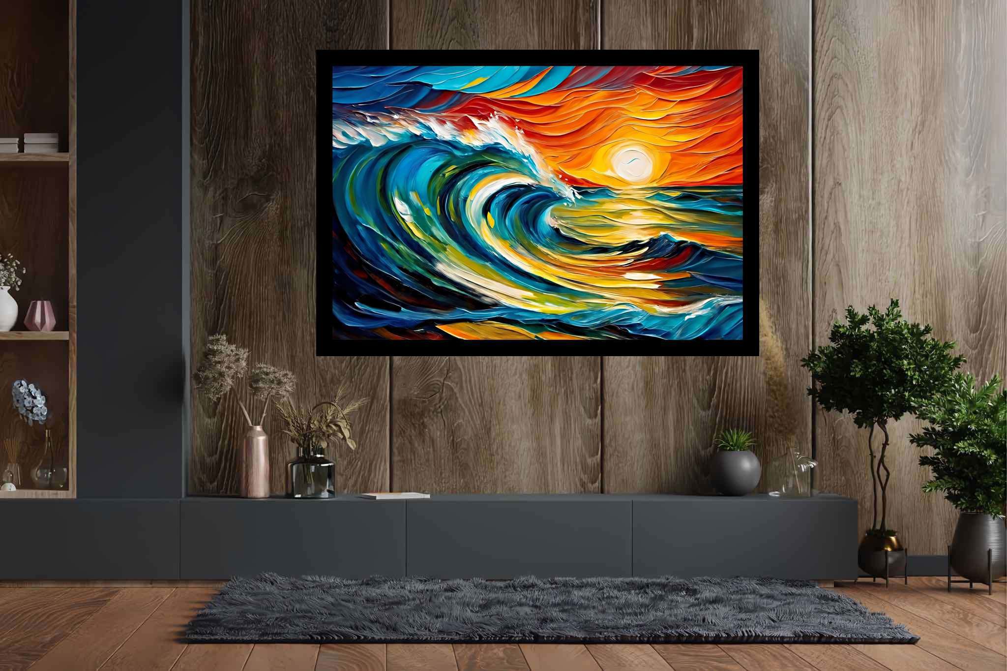 Chromatic horizons endgame: Sunset art with vibrant horizons, in a room with urban design, canvas prints, and designer furniture. The art can be printed on poster, framed poster, canvas, metal, acrylic or wood, exclusively at WallArtZen. Find this exact print at https://wallartzen.com/waz217