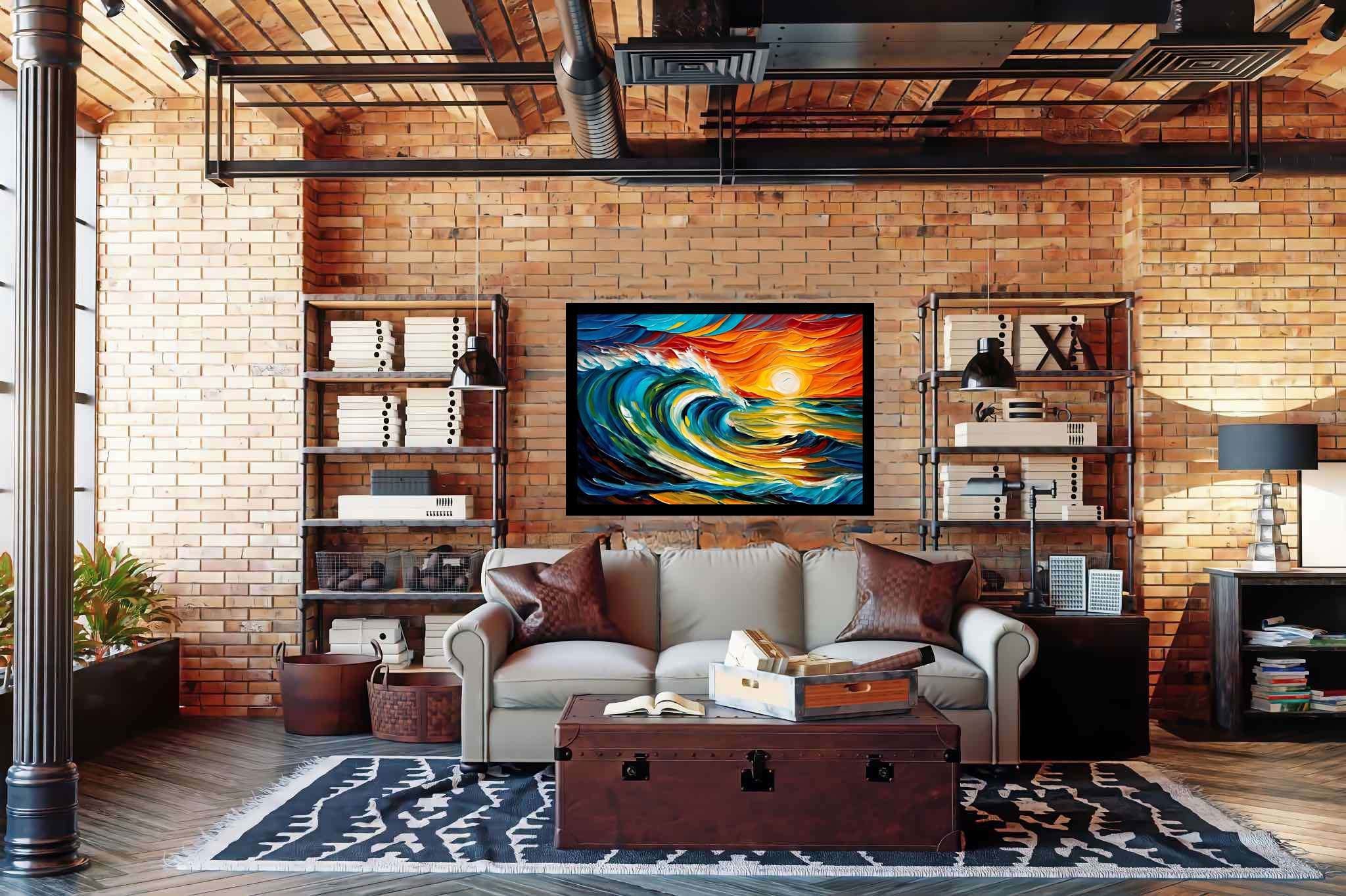 Chromatic horizons endgame: Sunset art with landscape artwork, in a room with artistic style, wall art, and artisan decor. The art can be printed on poster, framed poster, canvas, metal, acrylic or wood, exclusively at WallArtZen. Find this exact print at https://wallartzen.com/waz217