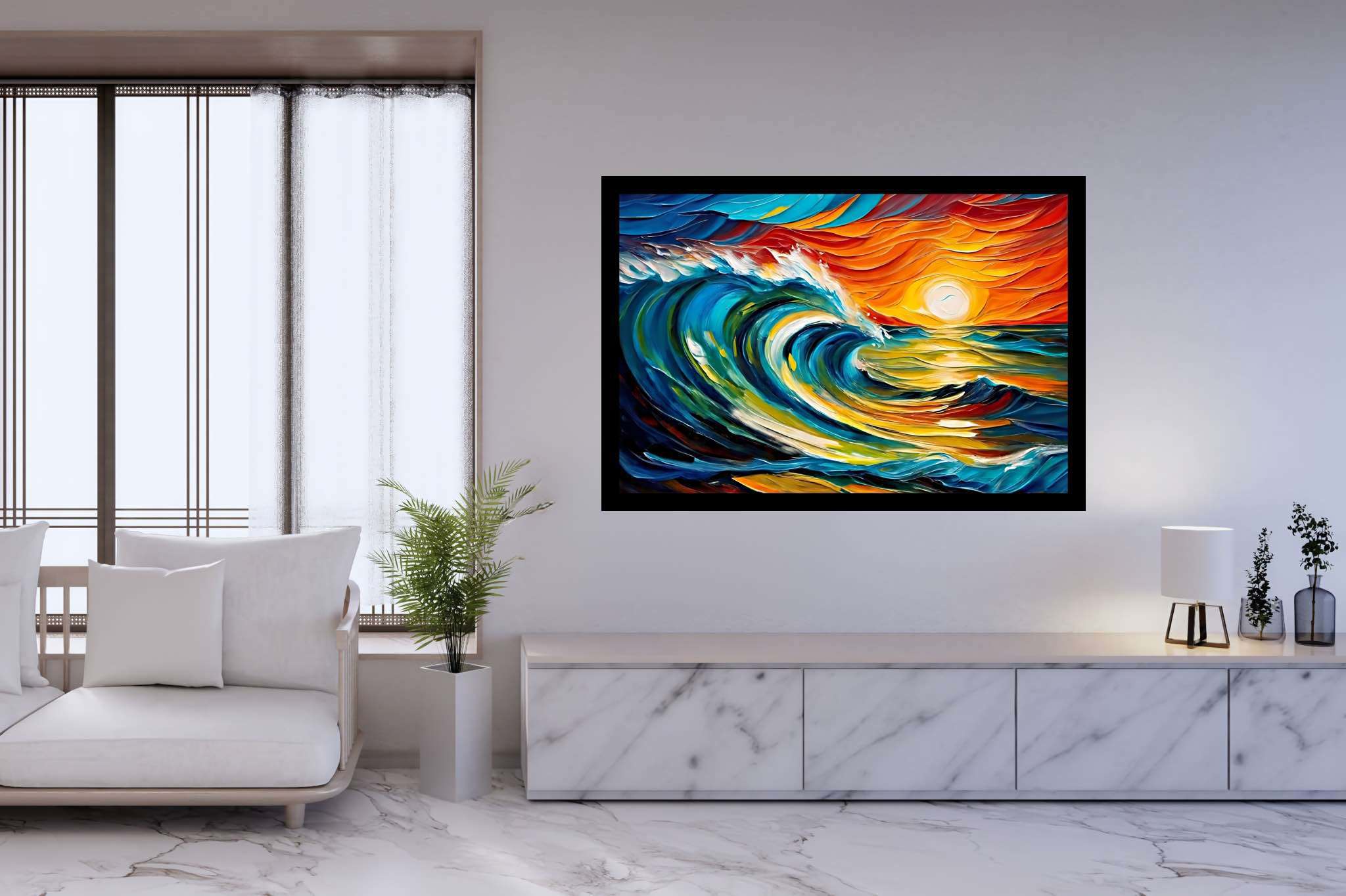 Chromatic horizons endgame: Sunset art with colorful skies, in a room with chic decor, abstract paintings, and elegant home goods. The art can be printed on poster, framed poster, canvas, metal, acrylic or wood, exclusively at WallArtZen. Find this exact print at https://wallartzen.com/waz217