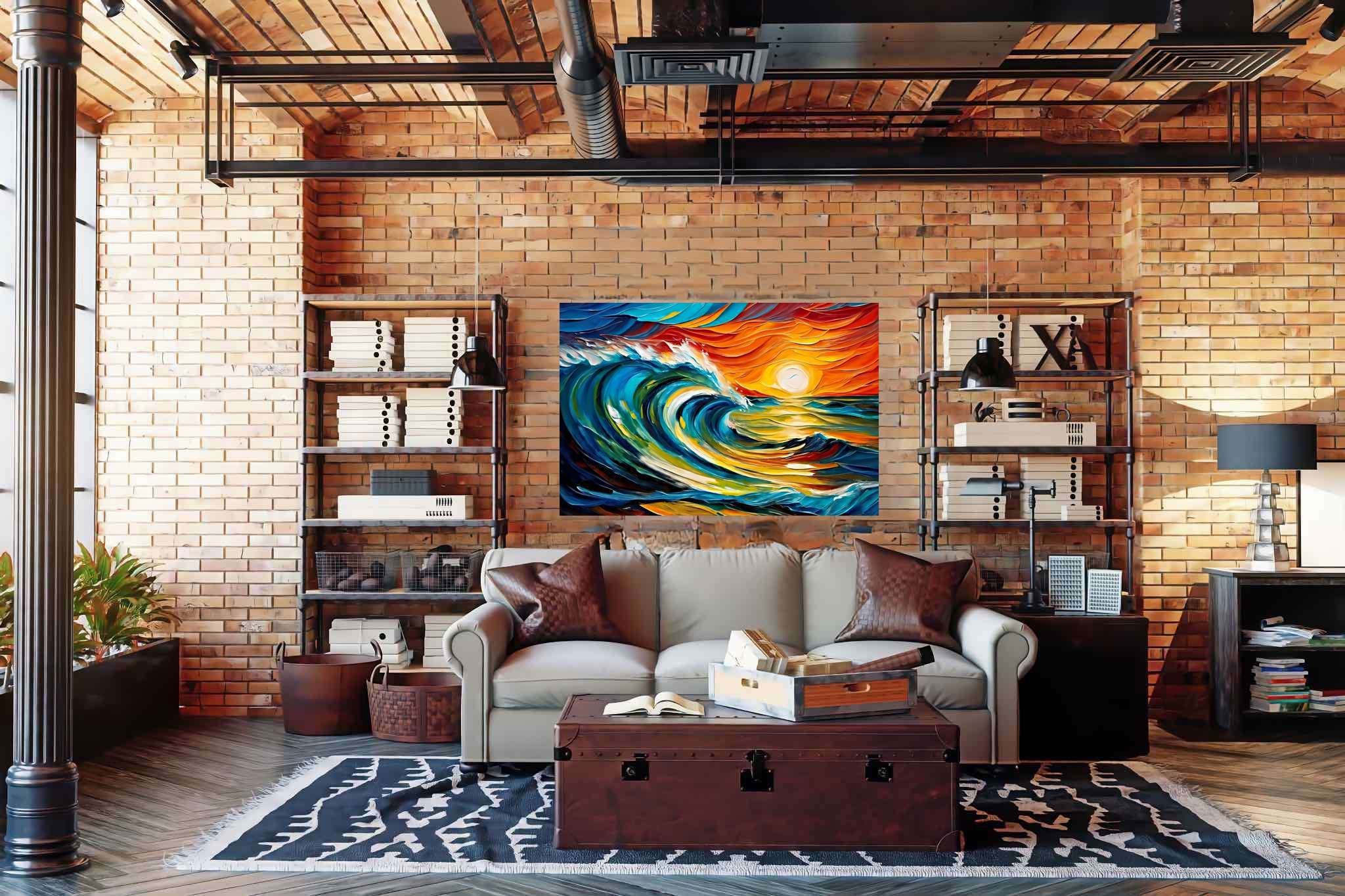 Chromatic horizons endgame: Sunset art with nature painting, in a room with classic elegance, wall hangings, and interior decorations. The art can be printed on poster, framed poster, canvas, metal, acrylic or wood, exclusively at WallArtZen. Find this exact print at https://wallartzen.com/waz217