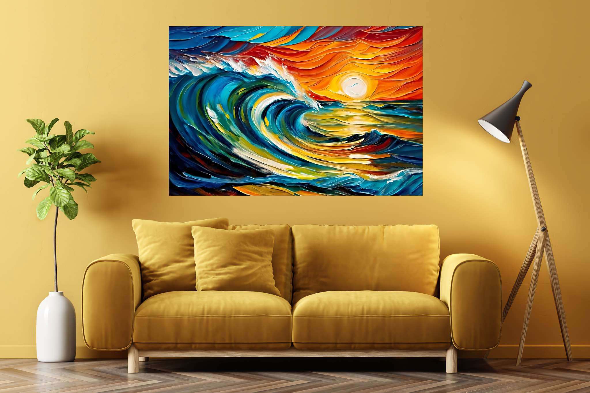 Chromatic horizons endgame: Sunset art with dreamy art, in a room with modern style, gallery-quality artwork, and stylish accessories. The art can be printed on poster, framed poster, canvas, metal, acrylic or wood, exclusively at WallArtZen. Find this exact print at https://wallartzen.com/waz217