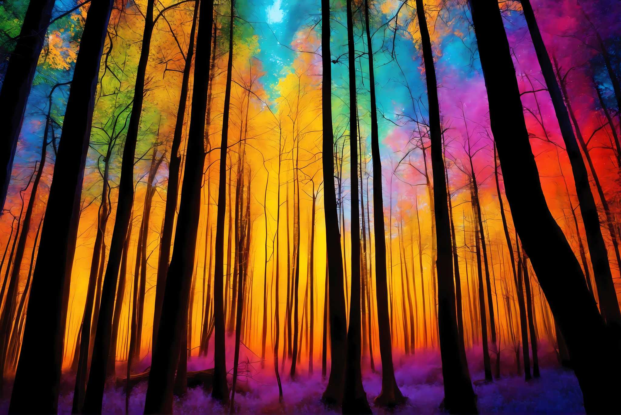 Chroma arboreal symphony: Colorful forest art with colorful forest art, in a room with minimalist approach, photographic wall art, and artisan decor. The art can be printed on poster, framed poster, canvas, metal, acrylic or wood, exclusively at WallArtZen. Find this exact print at https://wallartzen.com/waz218
