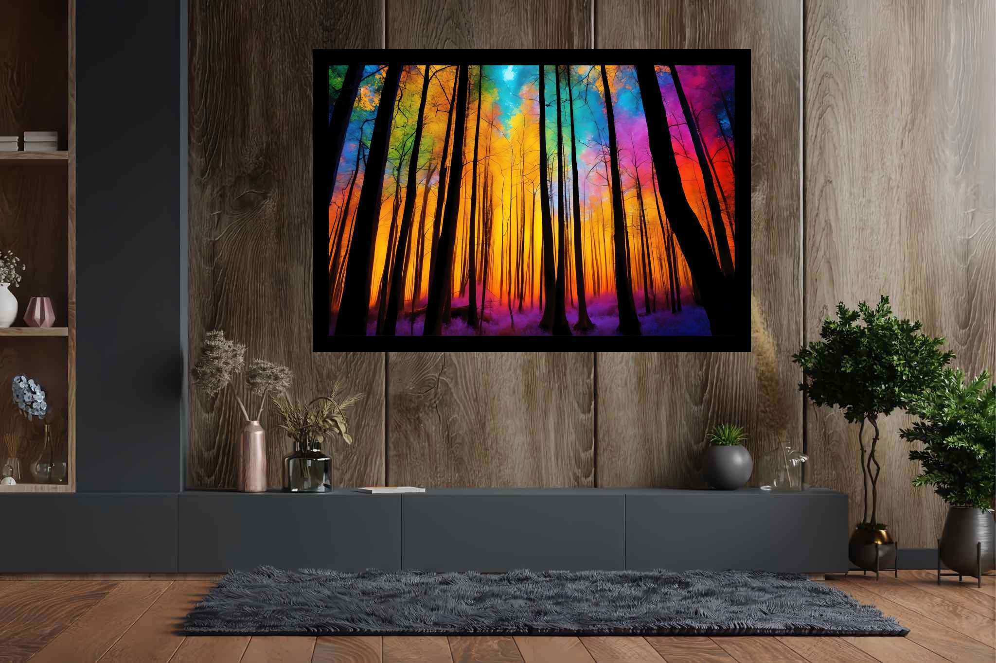 Chroma arboreal symphony: Colorful forest art with bright forest art, in a room with contemporary flair, fine art prints, and designer furniture. The art can be printed on poster, framed poster, canvas, metal, acrylic or wood, exclusively at WallArtZen. Find this exact print at https://wallartzen.com/waz218