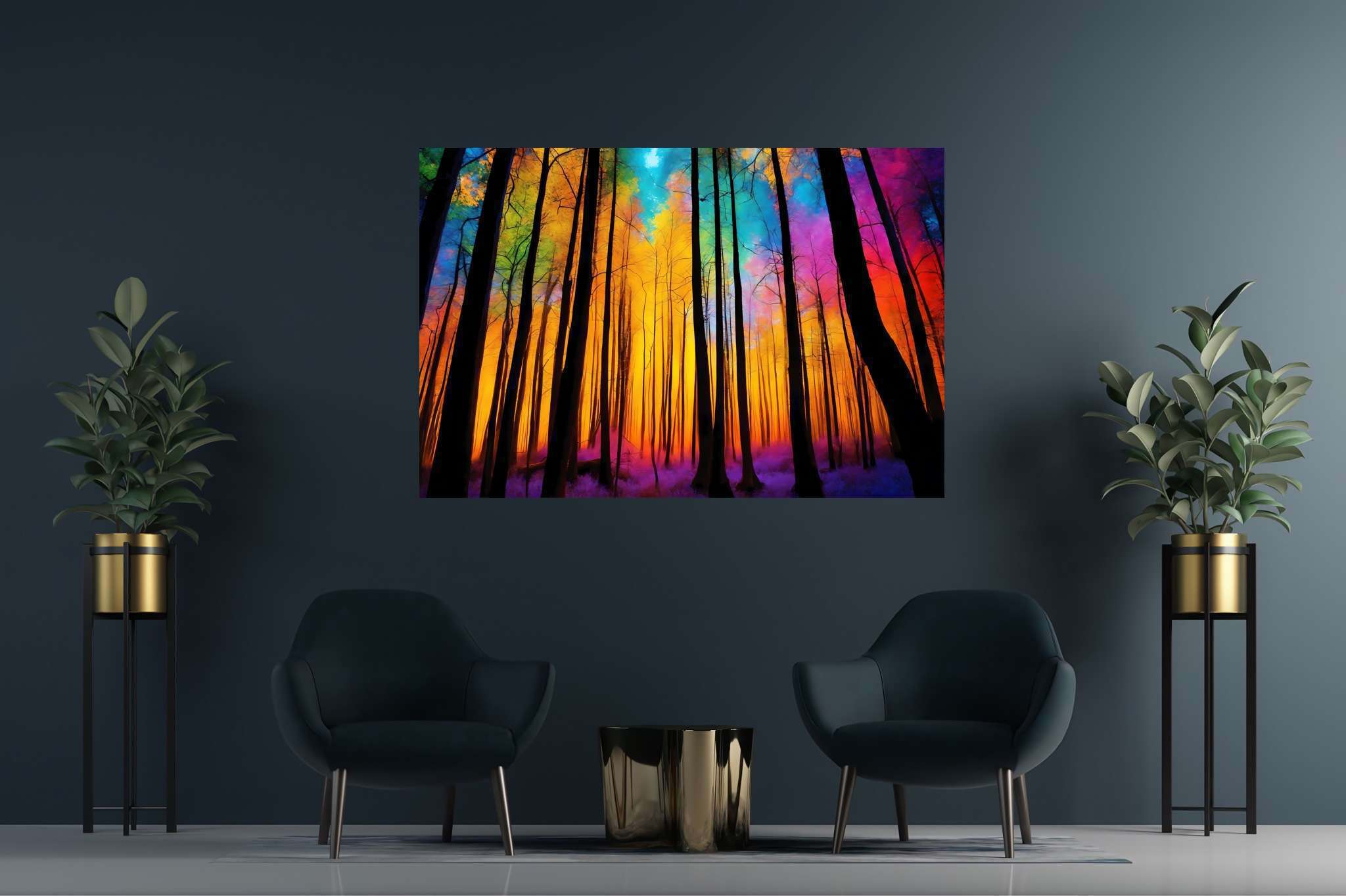 Chroma arboreal symphony: Colorful forest art with vibrant woodland paintings, in a room with elegant layout, mural artworks, and trendy home accents. The art can be printed on poster, framed poster, canvas, metal, acrylic or wood, exclusively at WallArtZen. Find this exact print at https://wallartzen.com/waz218