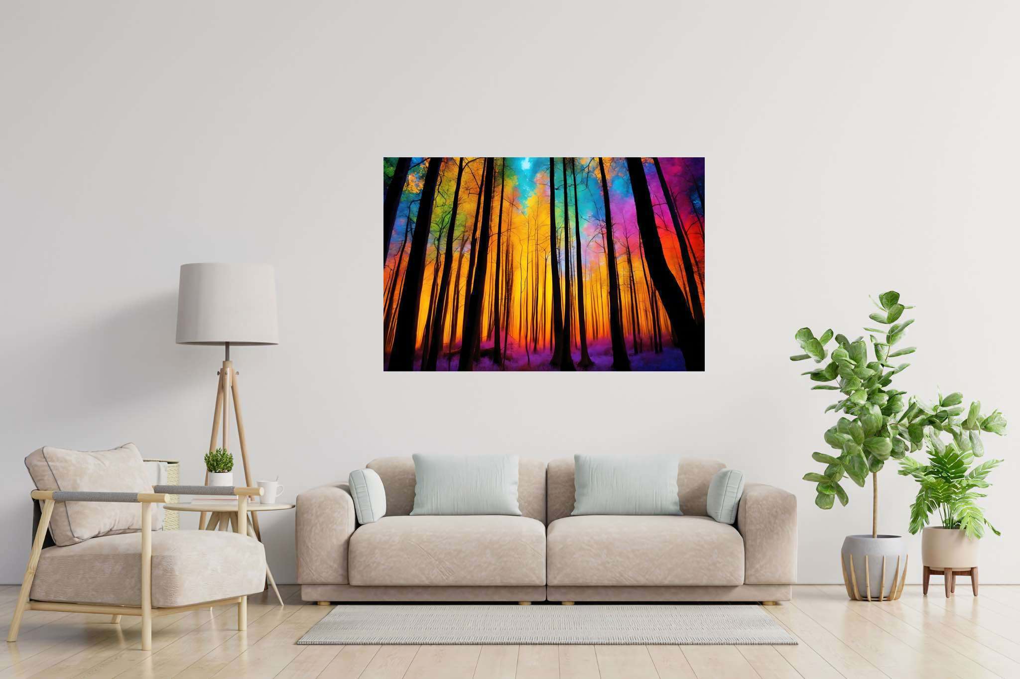 Chroma arboreal symphony: Colorful forest art with nature-inspired paintings, in a room with classic elegance, framed art, and designer furniture. The art can be printed on poster, framed poster, canvas, metal, acrylic or wood, exclusively at WallArtZen. Find this exact print at https://wallartzen.com/waz218