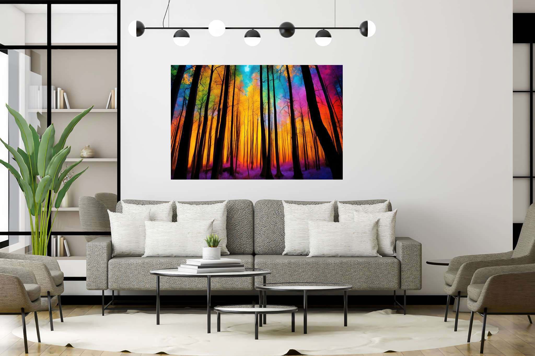 Chroma arboreal symphony: Colorful forest art with colorful woodland art, in a room with modern style, canvas prints, and designer furniture. The art can be printed on poster, framed poster, canvas, metal, acrylic or wood, exclusively at WallArtZen. Find this exact print at https://wallartzen.com/waz218