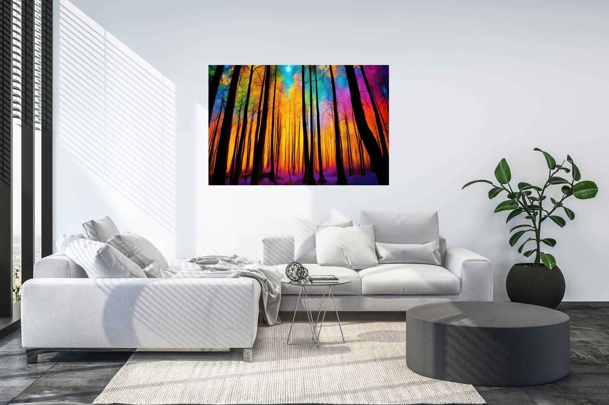 Chroma arboreal symphony: Colorful forest art with colorful nature illustrations, in a room with chic decor, mural artworks, and elegant home goods. The art can be printed on poster, framed poster, canvas, metal, acrylic or wood, exclusively at WallArtZen. Find this exact print at https://wallartzen.com/waz218