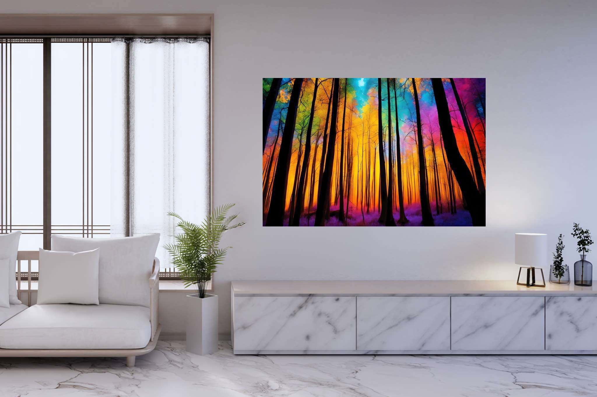 Chroma arboreal symphony: Colorful forest art with vivid forest artwork, in a room with chic decor, fine art prints, and designer furniture. The art can be printed on poster, framed poster, canvas, metal, acrylic or wood, exclusively at WallArtZen. Find this exact print at https://wallartzen.com/waz218