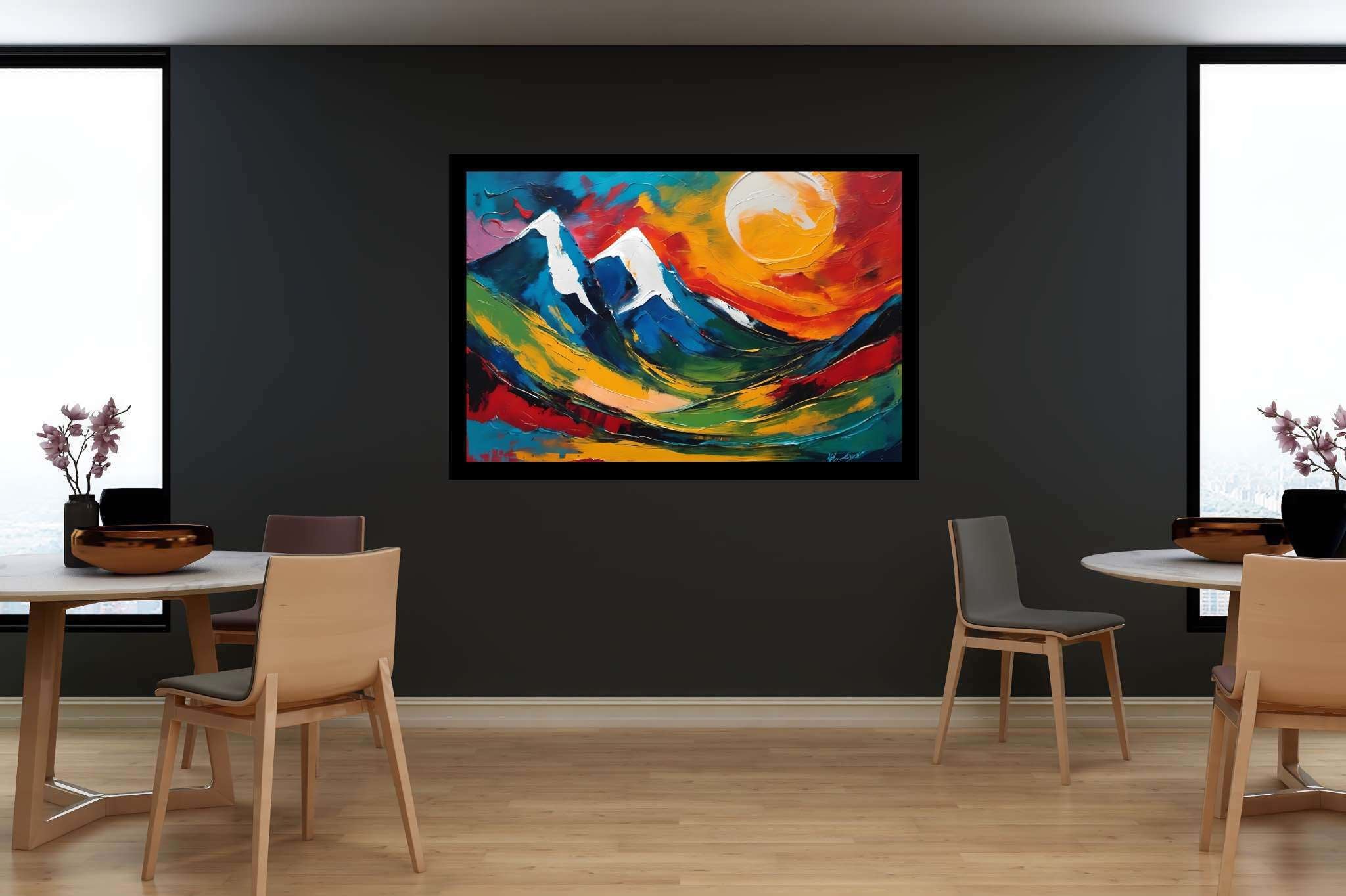 Sunrise sonata in sienna: Mountain landscape art with awe-inspiring, in a room with artistic style, wall art, and home furnishings. The art can be printed on poster, framed poster, canvas, metal, acrylic or wood, exclusively at WallArtZen. Find this exact print at https://wallartzen.com/waz219