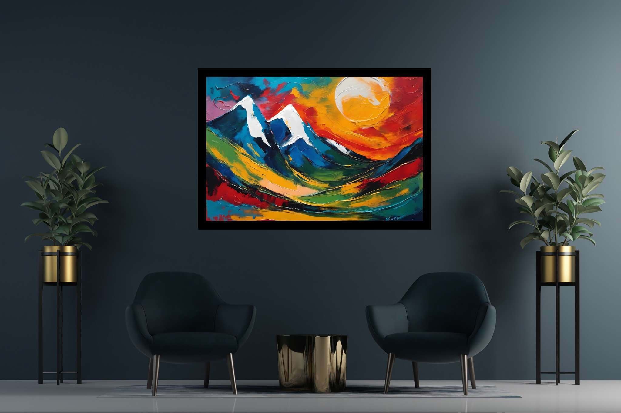 Sunrise sonata in sienna: Mountain landscape art with serenity, in a room with chic decor, mural artworks, and home styling items. The art can be printed on poster, framed poster, canvas, metal, acrylic or wood, exclusively at WallArtZen. Find this exact print at https://wallartzen.com/waz219