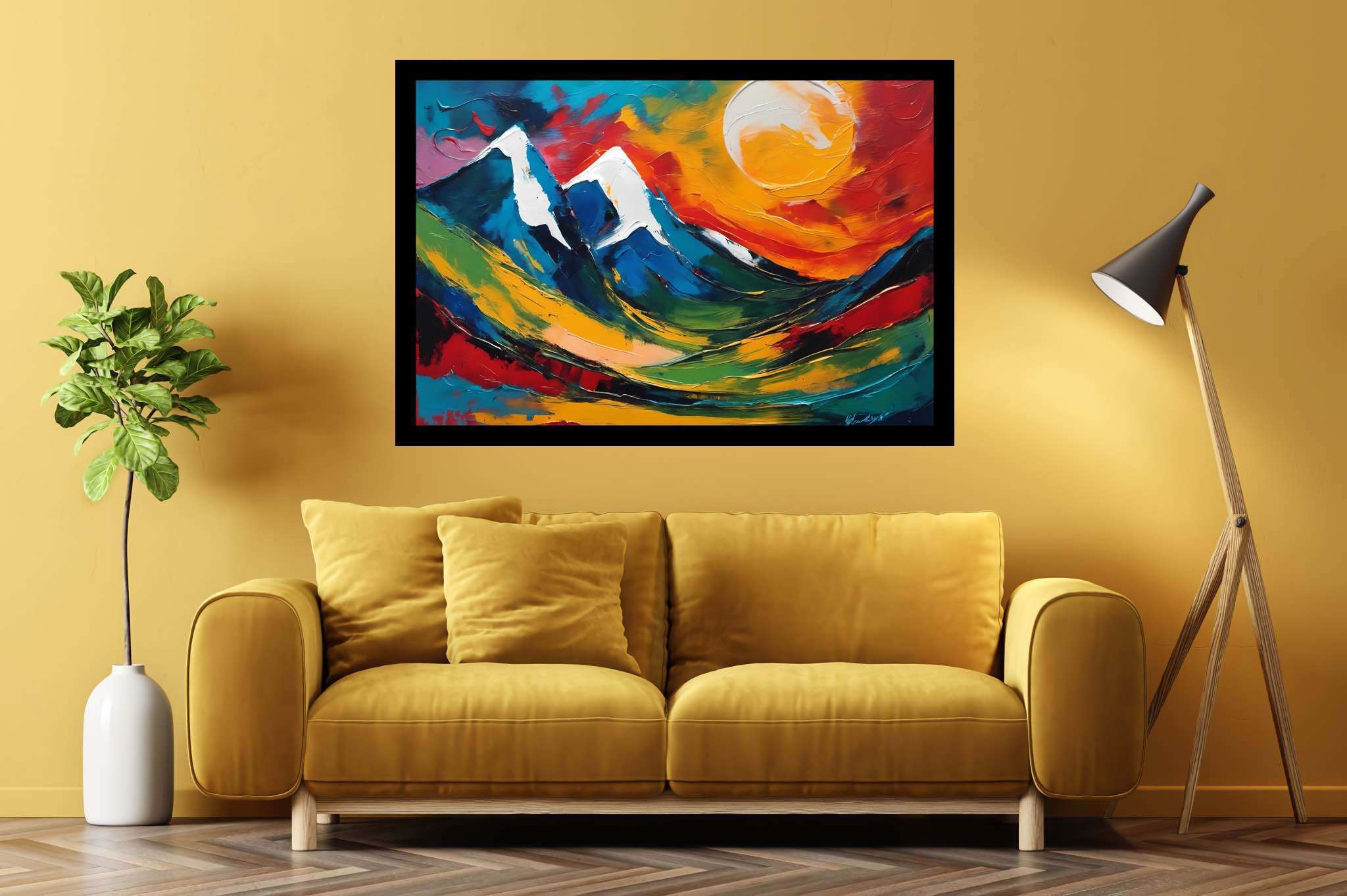 Sunrise sonata in sienna: Mountain landscape art with mountains, in a room with modern style, photographic wall art, and home styling items. The art can be printed on poster, framed poster, canvas, metal, acrylic or wood, exclusively at WallArtZen. Find this exact print at https://wallartzen.com/waz219