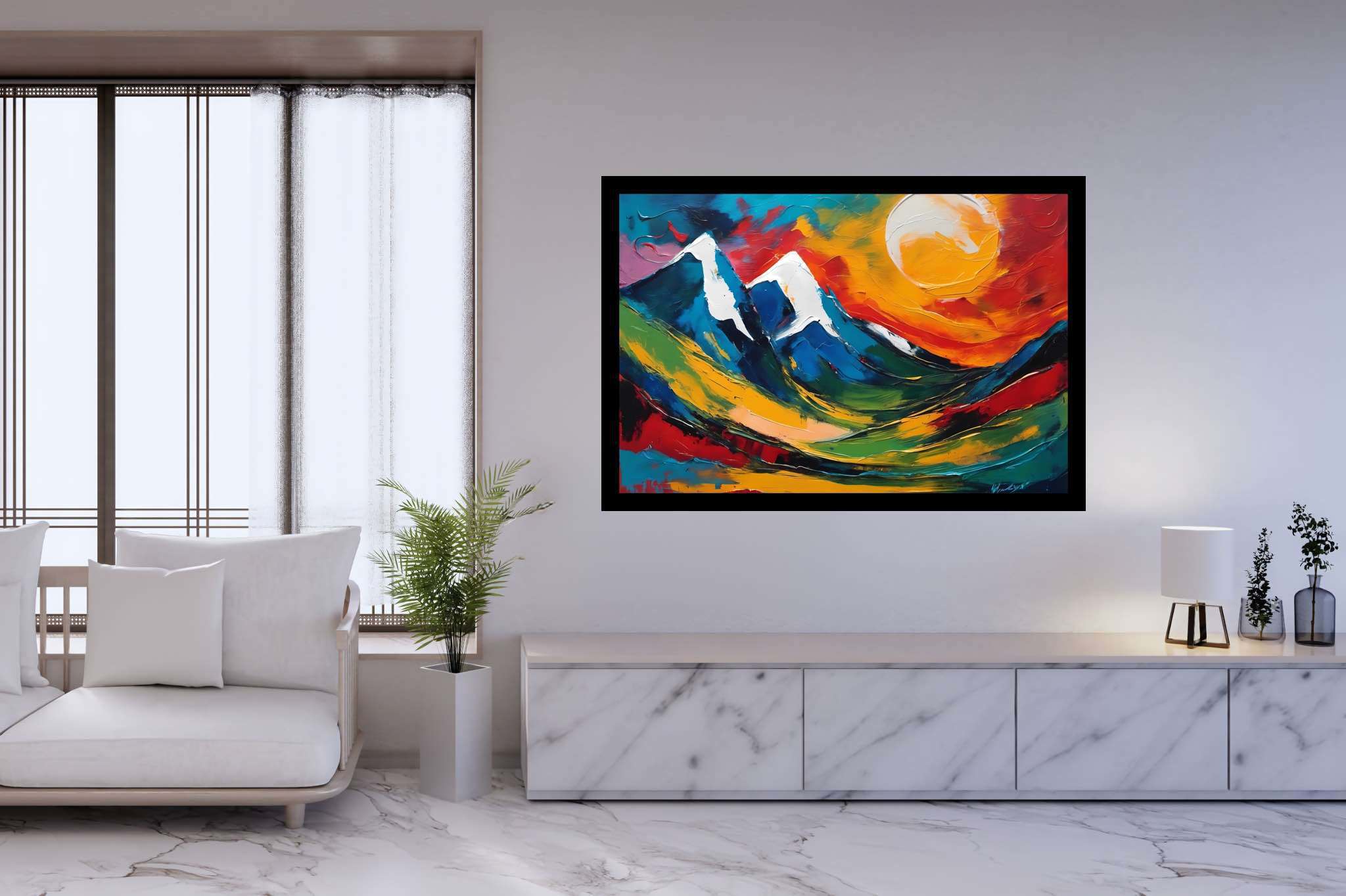 Sunrise sonata in sienna: Mountain landscape art with tranquility, in a room with urban design, canvas prints, and home styling items. The art can be printed on poster, framed poster, canvas, metal, acrylic or wood, exclusively at WallArtZen. Find this exact print at https://wallartzen.com/waz219