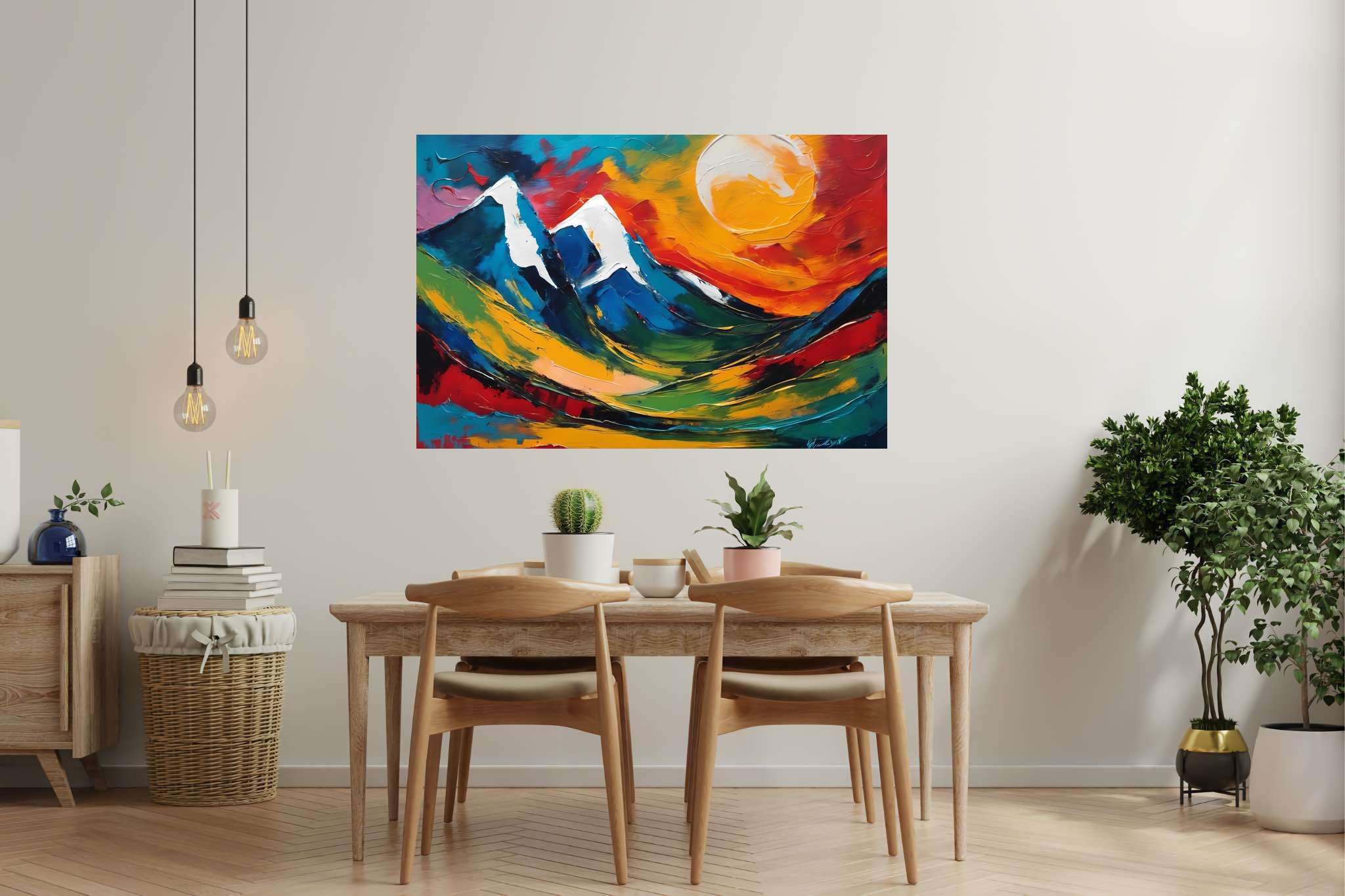 Sunrise sonata in sienna: Mountain landscape art with awe-inspiring, in a room with chic decor, bespoke art designs, and interior decorations. The art can be printed on poster, framed poster, canvas, metal, acrylic or wood, exclusively at WallArtZen. Find this exact print at https://wallartzen.com/waz219