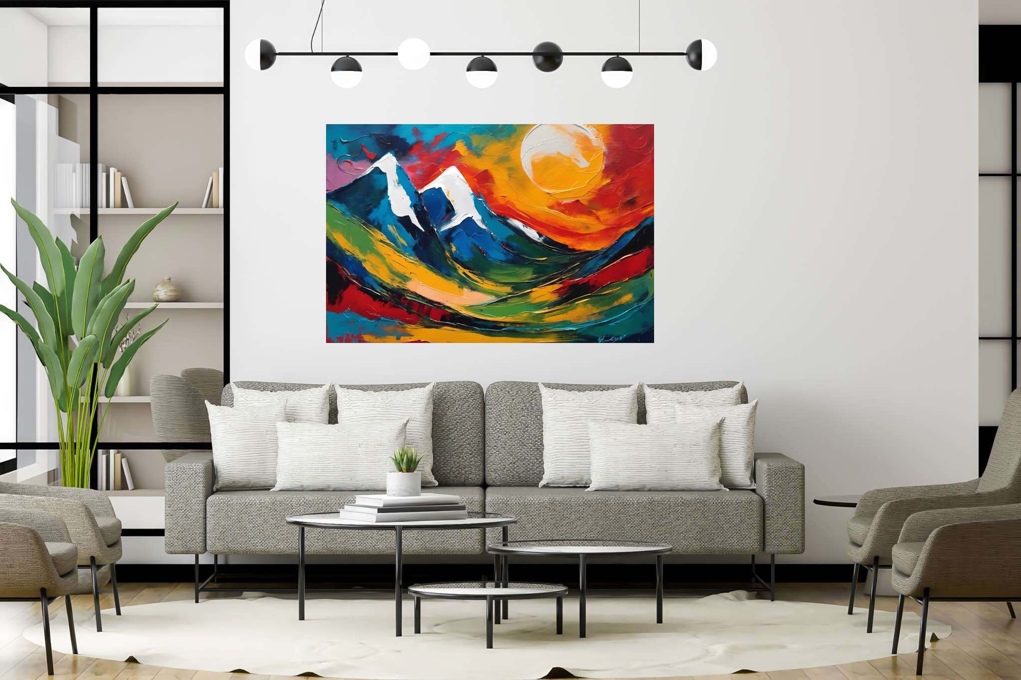Sunrise sonata in sienna: Mountain landscape art with mountains, in a room with contemporary flair, photographic wall art, and interior decorations. The art can be printed on poster, framed poster, canvas, metal, acrylic or wood, exclusively at WallArtZen. Find this exact print at https://wallartzen.com/waz219