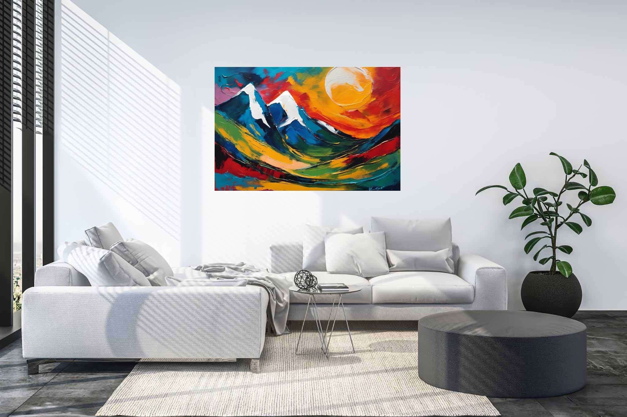 Sunrise sonata in sienna: Mountain landscape art with mountain landscape art, in a room with elegant layout, photographic wall art, and home furnishings. The art can be printed on poster, framed poster, canvas, metal, acrylic or wood, exclusively at WallArtZen. Find this exact print at https://wallartzen.com/waz219