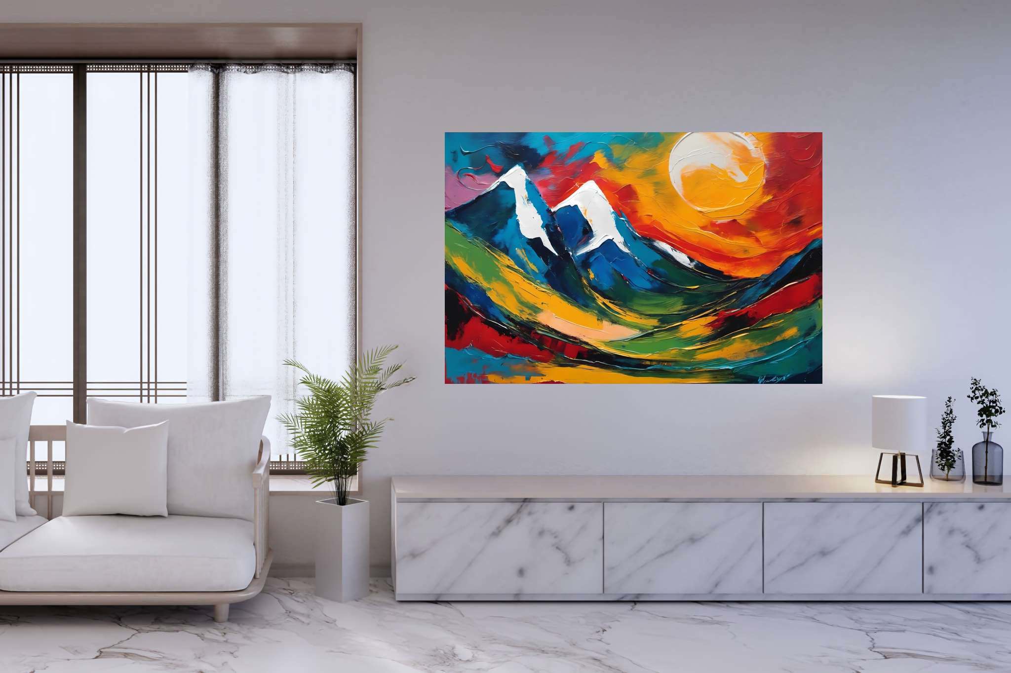 Sunrise sonata in sienna: Mountain landscape art with wilderness, in a room with contemporary flair, wall hangings, and elegant home goods. The art can be printed on poster, framed poster, canvas, metal, acrylic or wood, exclusively at WallArtZen. Find this exact print at https://wallartzen.com/waz219
