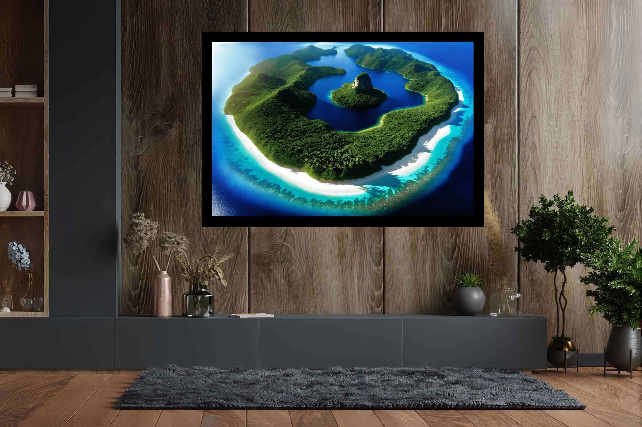 Lagoon lullaby: Serene island art with peaceful landscapes, in a room with contemporary flair, canvas prints, and home styling items. The art can be printed on poster, framed poster, canvas, metal, acrylic or wood, exclusively at WallArtZen. Find this exact print at https://wallartzen.com/waz21