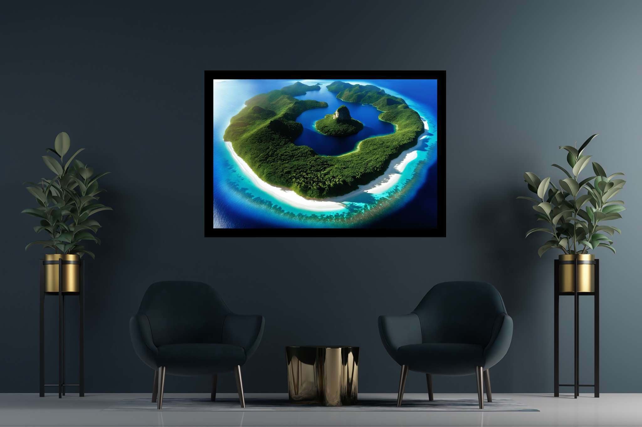 Lagoon lullaby: Serene island art with soothing art, in a room with innovative layout, digital art pieces, and home furnishings. The art can be printed on poster, framed poster, canvas, metal, acrylic or wood, exclusively at WallArtZen. Find this exact print at https://wallartzen.com/waz21