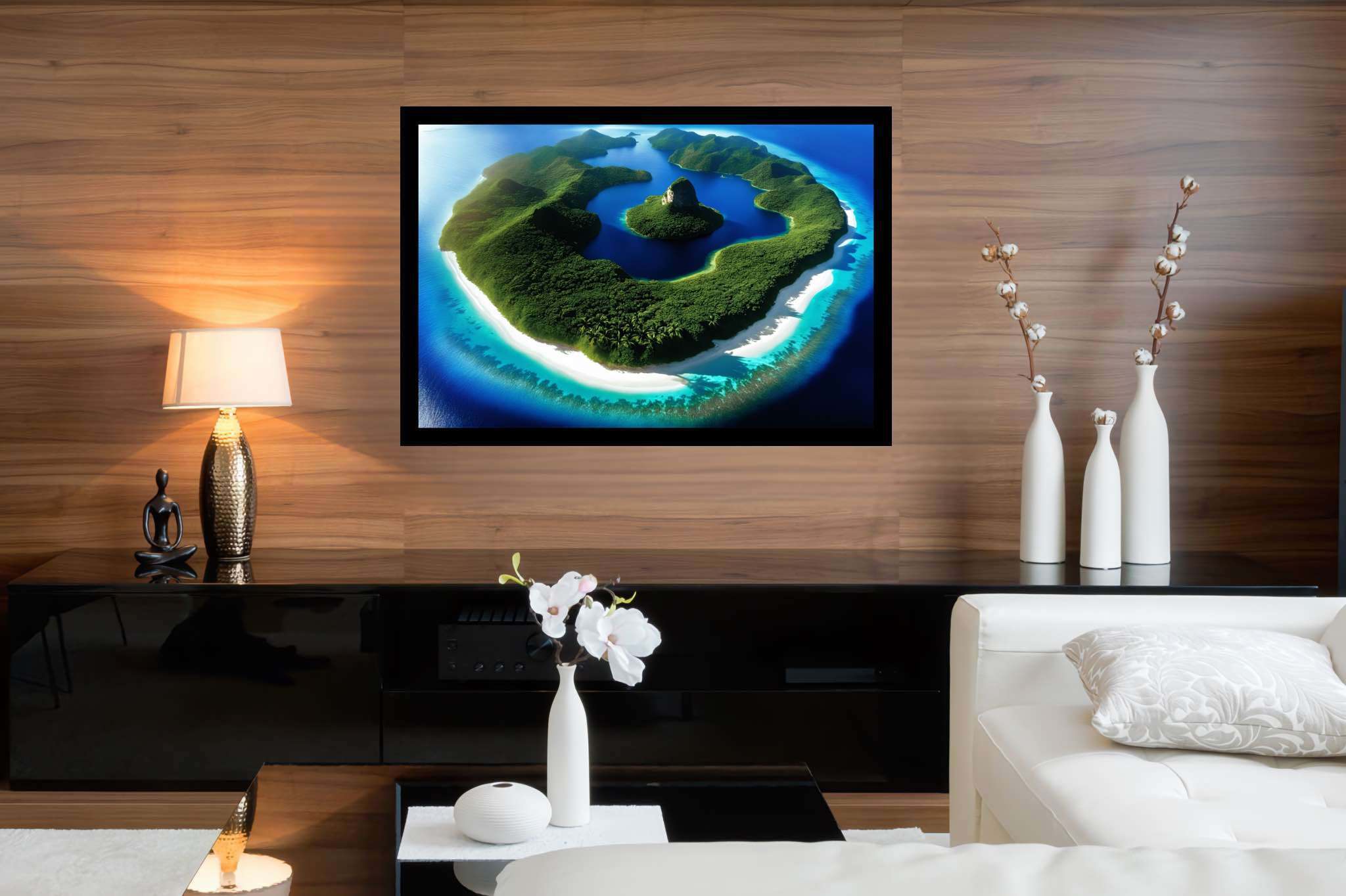 Lagoon lullaby: Serene island art with serene vibes, in a room with modern style, wall hangings, and artisan decor. The art can be printed on poster, framed poster, canvas, metal, acrylic or wood, exclusively at WallArtZen. Find this exact print at https://wallartzen.com/waz21