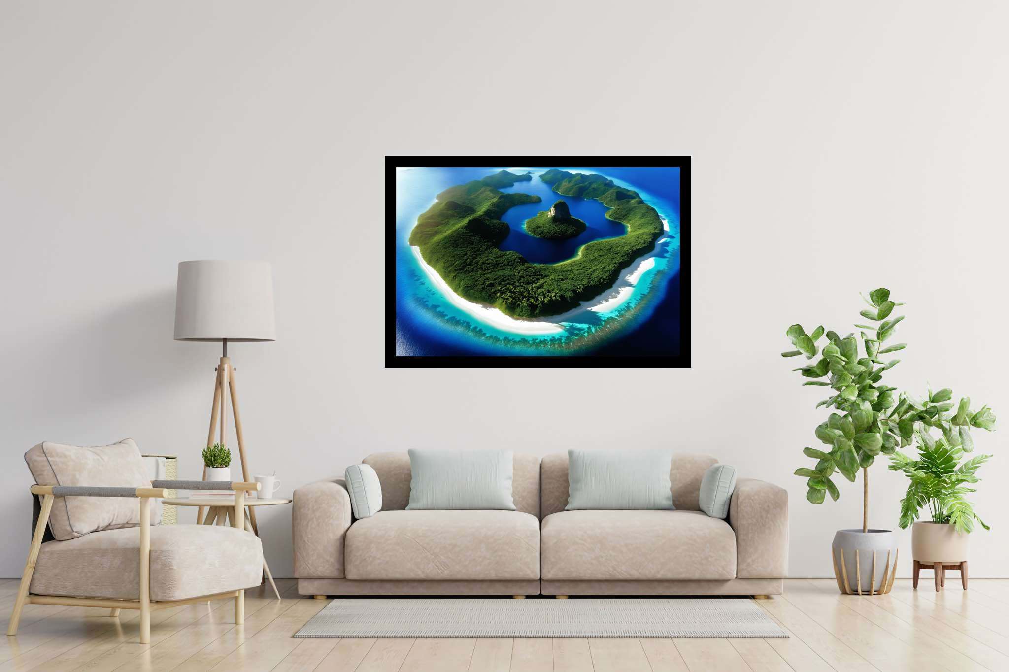 Lagoon lullaby: Serene island art with coastal art, in a room with artistic style, bespoke art designs, and luxe decor. The art can be printed on poster, framed poster, canvas, metal, acrylic or wood, exclusively at WallArtZen. Find this exact print at https://wallartzen.com/waz21