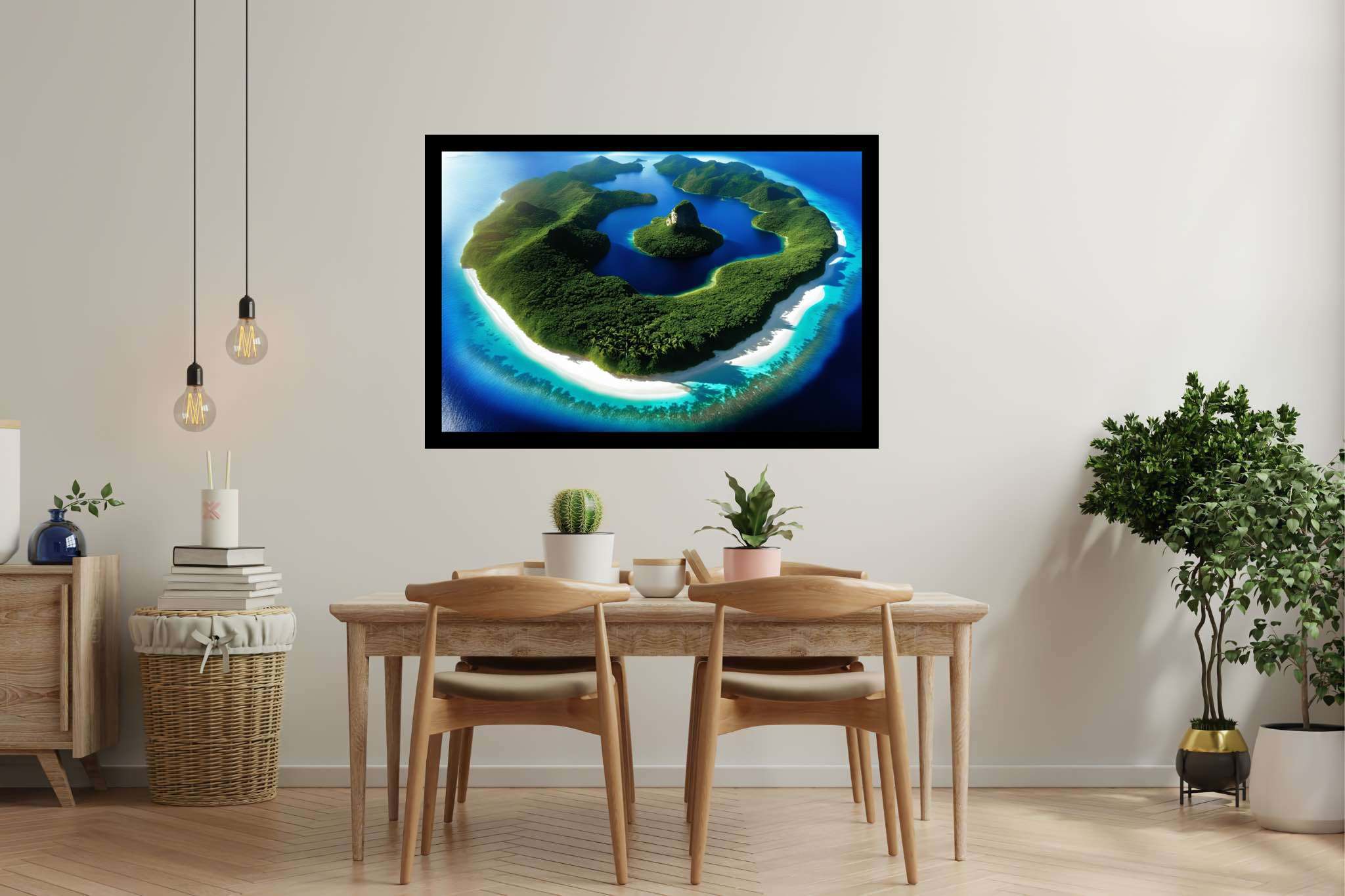 Lagoon lullaby: Serene island art with serene vibes, in a room with elegant layout, mural artworks, and artisan decor. The art can be printed on poster, framed poster, canvas, metal, acrylic or wood, exclusively at WallArtZen. Find this exact print at https://wallartzen.com/waz21