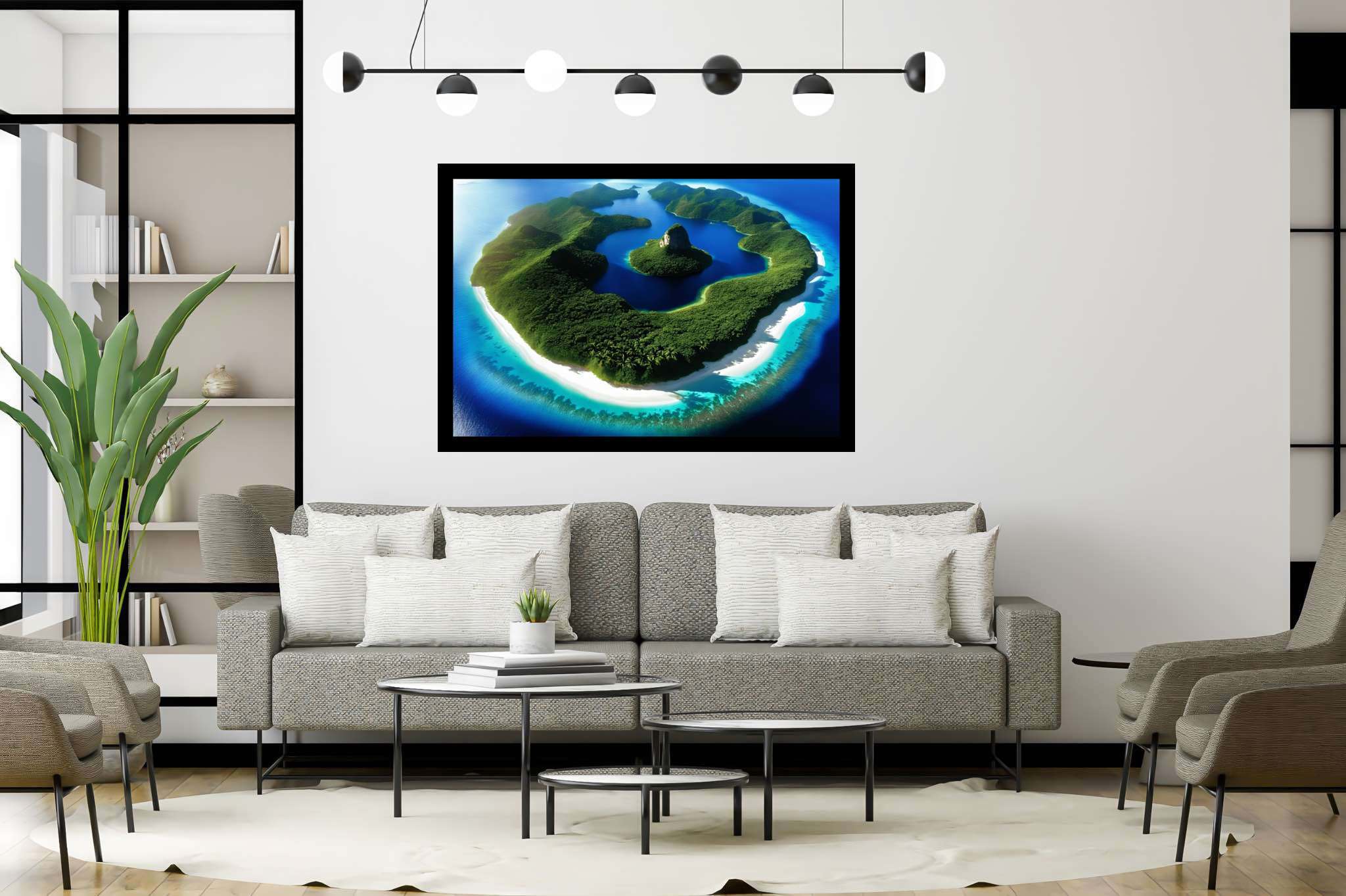 Lagoon lullaby: Serene island art with tropical bliss, in a room with classic elegance, mural artworks, and decorative pieces. The art can be printed on poster, framed poster, canvas, metal, acrylic or wood, exclusively at WallArtZen. Find this exact print at https://wallartzen.com/waz21
