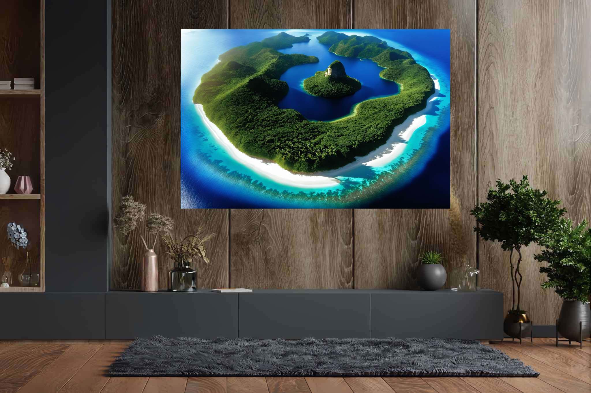 Lagoon lullaby: Serene island art with relaxing atmosphere, in a room with contemporary flair, gallery-quality artwork, and designer furniture. The art can be printed on poster, framed poster, canvas, metal, acrylic or wood, exclusively at WallArtZen. Find this exact print at https://wallartzen.com/waz21