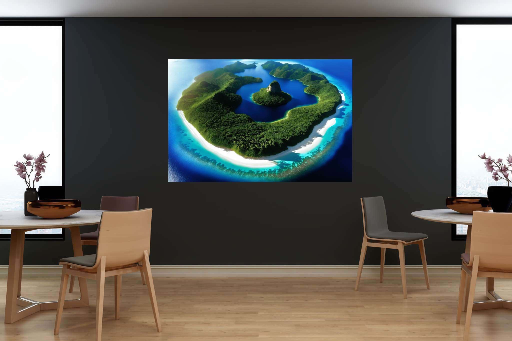 Lagoon lullaby: Serene island art with calm ocean, in a room with innovative layout, gallery-quality artwork, and artisan decor. The art can be printed on poster, framed poster, canvas, metal, acrylic or wood, exclusively at WallArtZen. Find this exact print at https://wallartzen.com/waz21