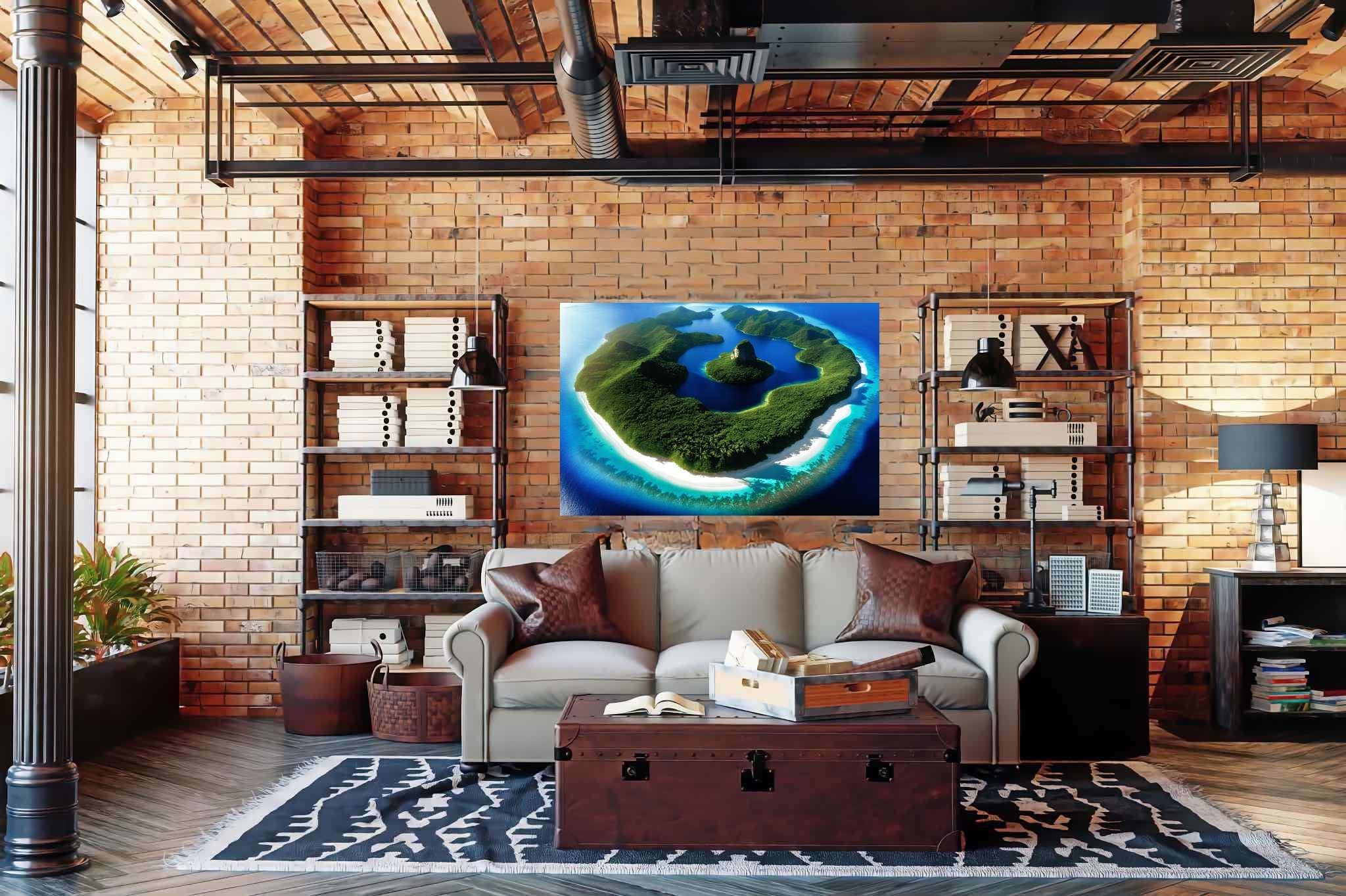 Lagoon lullaby: Serene island art with secluded beaches, in a room with chic decor, fine art prints, and decorative pieces. The art can be printed on poster, framed poster, canvas, metal, acrylic or wood, exclusively at WallArtZen. Find this exact print at https://wallartzen.com/waz21