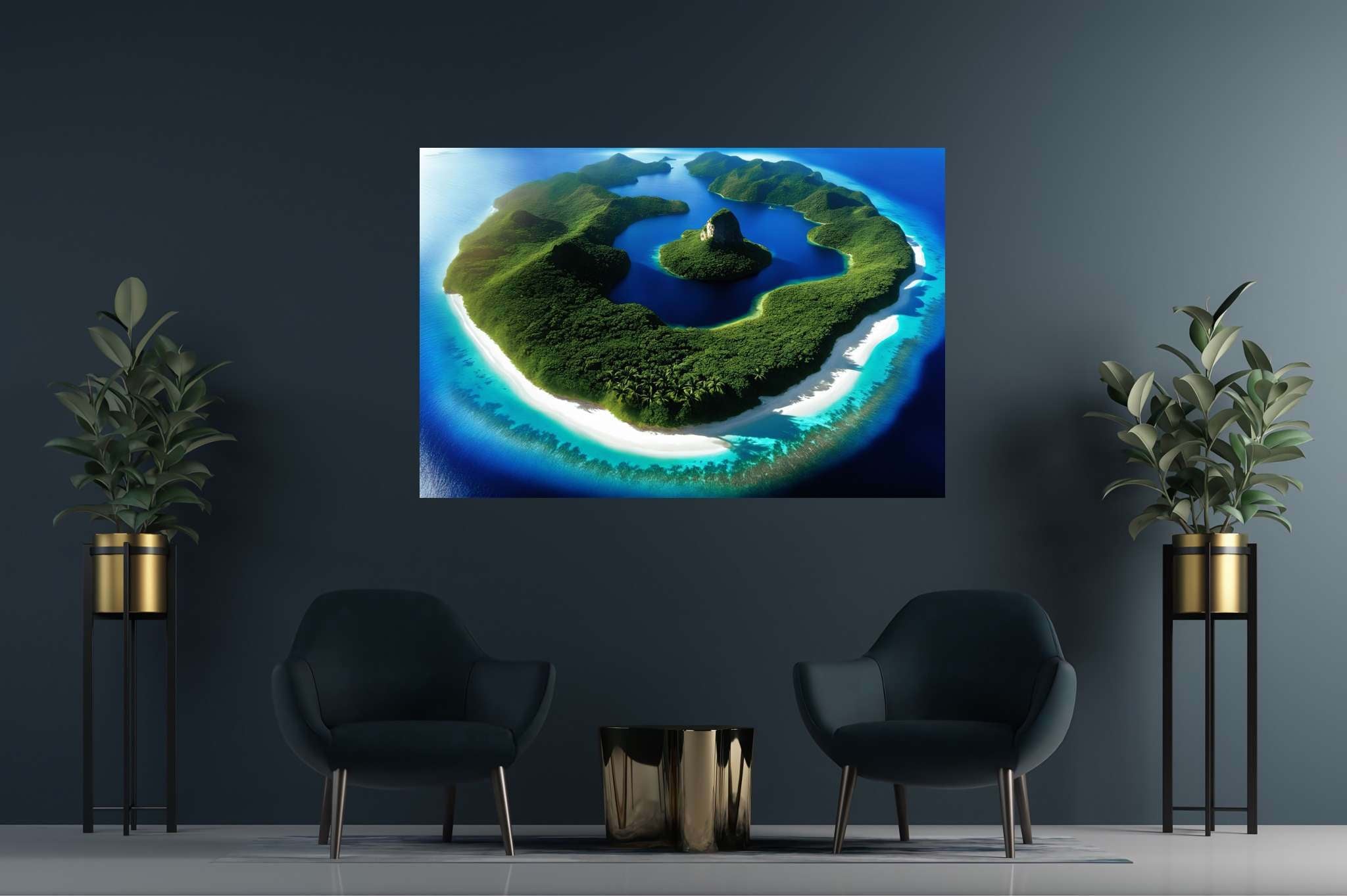 Lagoon lullaby: Serene island art with serene paintings, in a room with urban design, framed art, and home styling items. The art can be printed on poster, framed poster, canvas, metal, acrylic or wood, exclusively at WallArtZen. Find this exact print at https://wallartzen.com/waz21