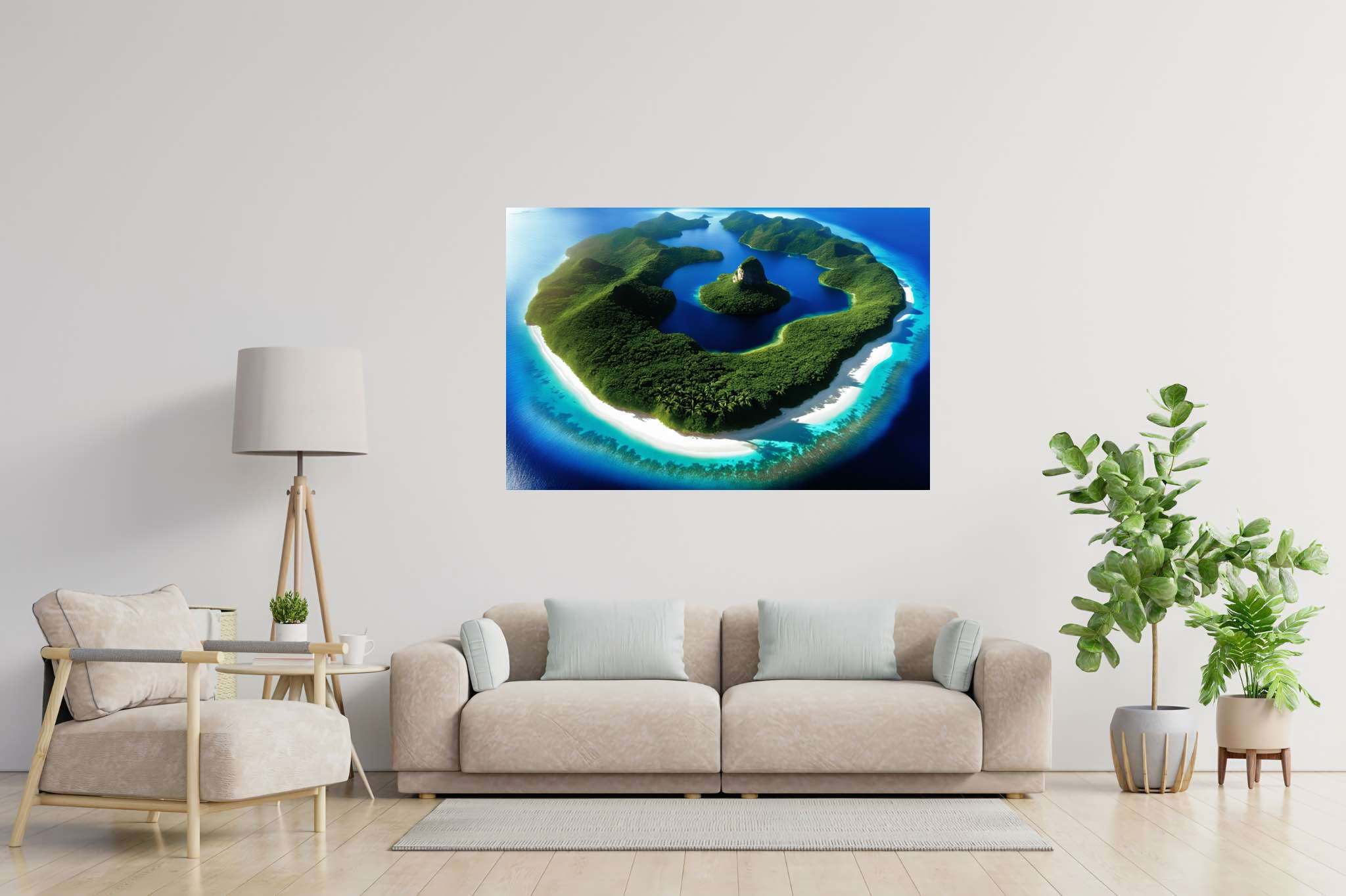 Lagoon lullaby: Serene island art with serene island art, in a room with contemporary flair, bespoke art designs, and designer furniture. The art can be printed on poster, framed poster, canvas, metal, acrylic or wood, exclusively at WallArtZen. Find this exact print at https://wallartzen.com/waz21
