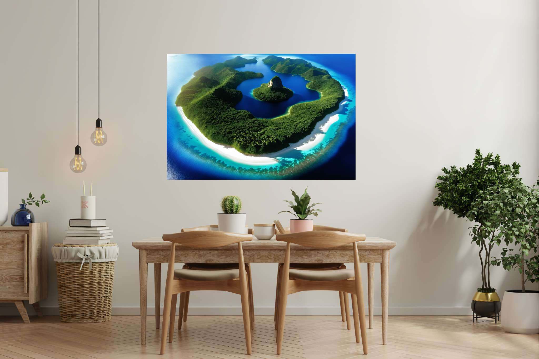 Lagoon lullaby: Serene island art with vibrant colors, in a room with elegant layout, framed art, and home furnishings. The art can be printed on poster, framed poster, canvas, metal, acrylic or wood, exclusively at WallArtZen. Find this exact print at https://wallartzen.com/waz21