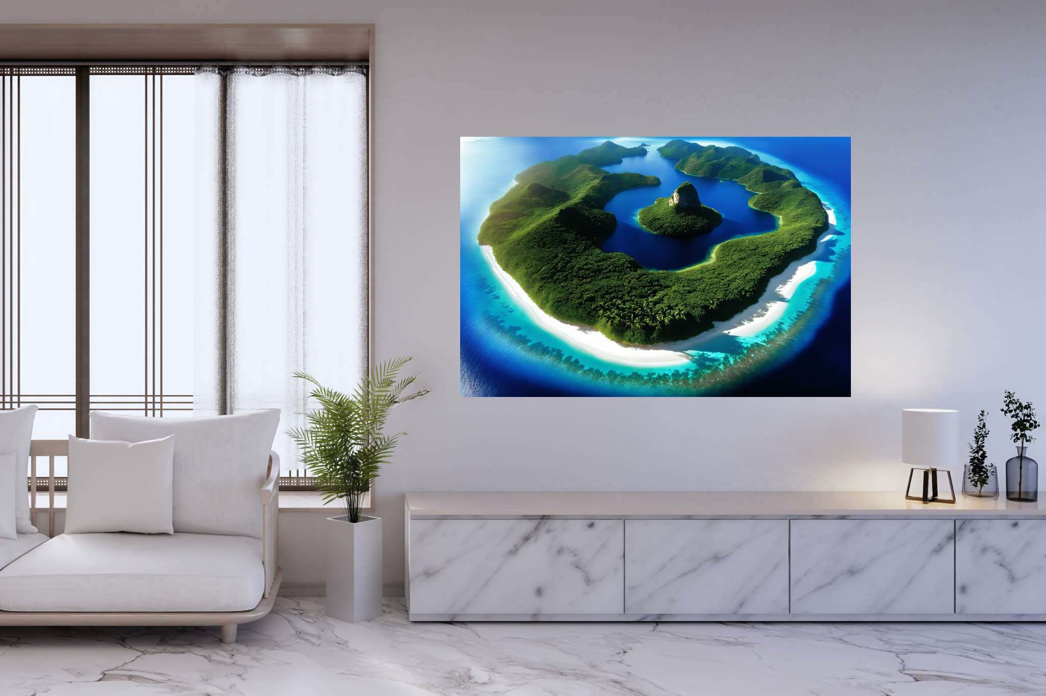 Lagoon lullaby: Serene island art with coastal art, in a room with contemporary flair, wall hangings, and artisan decor. The art can be printed on poster, framed poster, canvas, metal, acrylic or wood, exclusively at WallArtZen. Find this exact print at https://wallartzen.com/waz21