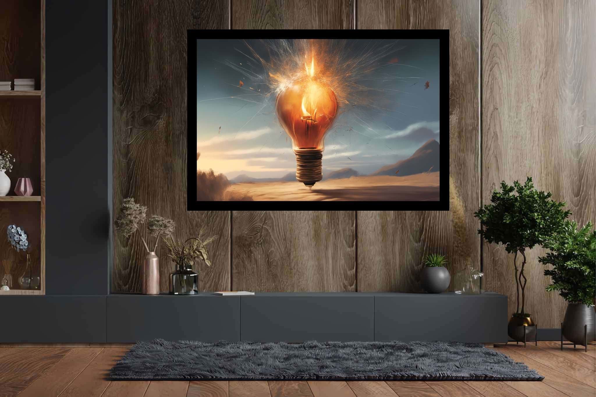 Chiaroscuro dreamscape: Explosion art with explosive emotions, in a room with minimalist approach, mural artworks, and home styling items. The art can be printed on poster, framed poster, canvas, metal, acrylic or wood, exclusively at WallArtZen. Find this exact print at https://wallartzen.com/waz220