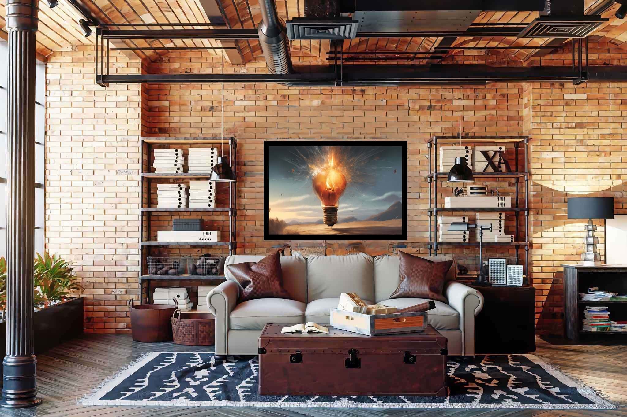 Chiaroscuro dreamscape: Explosion art with vibrant explosion, in a room with classic elegance, wall art, and interior decorations. The art can be printed on poster, framed poster, canvas, metal, acrylic or wood, exclusively at WallArtZen. Find this exact print at https://wallartzen.com/waz220
