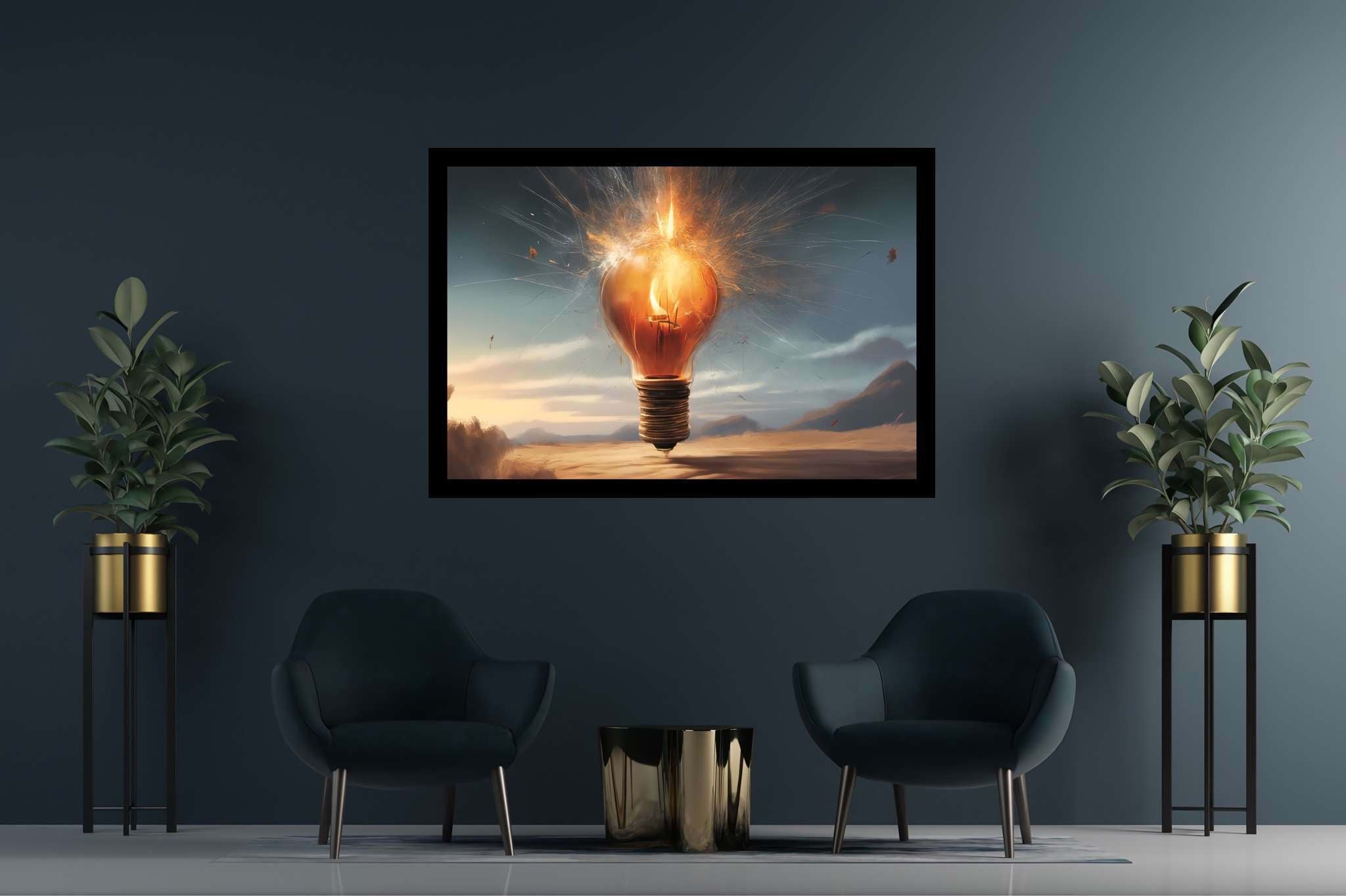 Chiaroscuro dreamscape: Explosion art with explosive emotions, in a room with minimalist approach, bespoke art designs, and designer furniture. The art can be printed on poster, framed poster, canvas, metal, acrylic or wood, exclusively at WallArtZen. Find this exact print at https://wallartzen.com/waz220