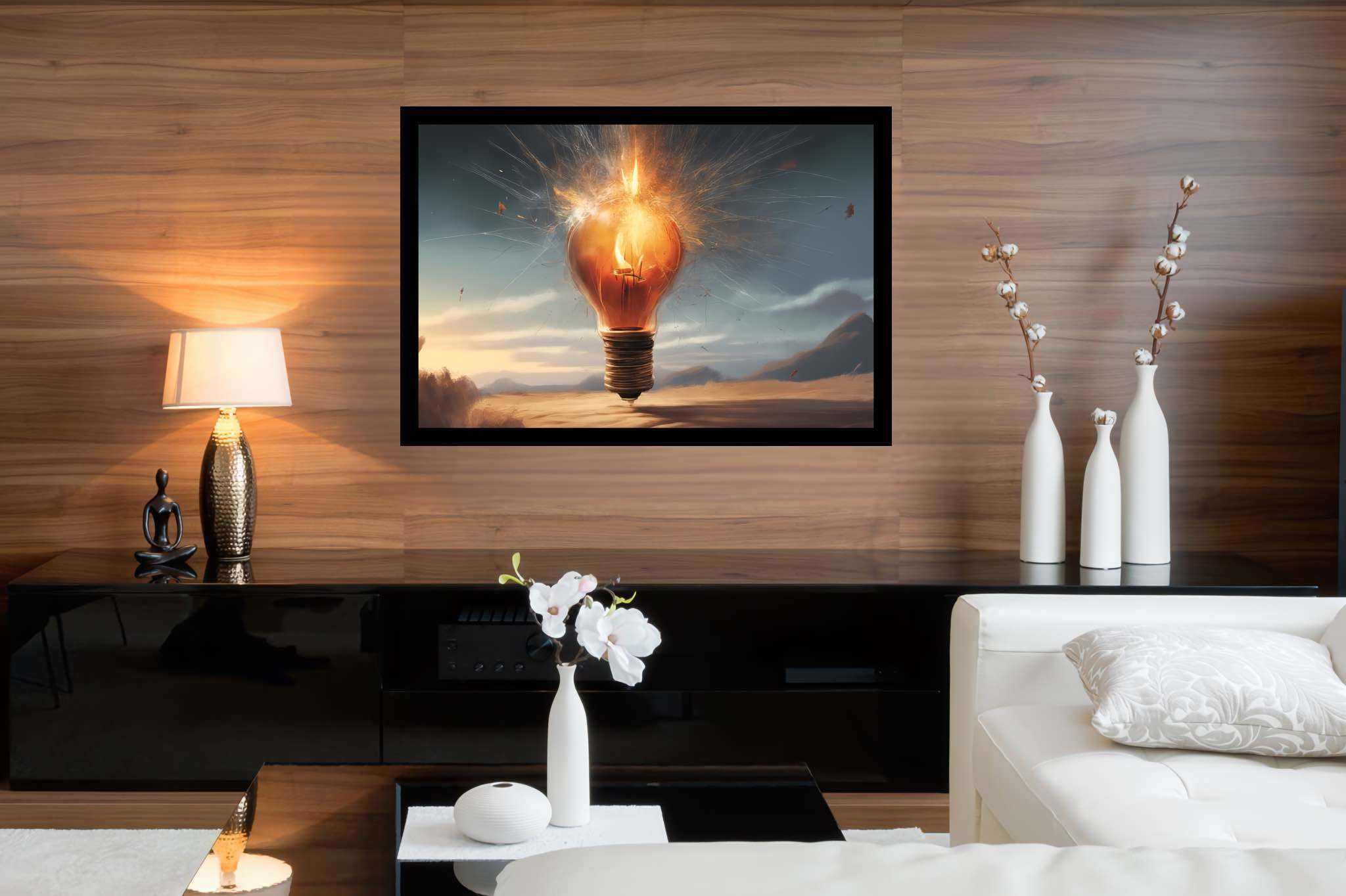 Chiaroscuro dreamscape: Explosion art with vibrant explosion, in a room with classic elegance, wall hangings, and home furnishings. The art can be printed on poster, framed poster, canvas, metal, acrylic or wood, exclusively at WallArtZen. Find this exact print at https://wallartzen.com/waz220