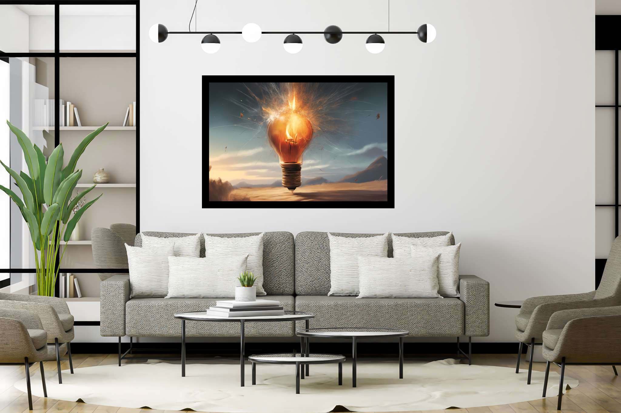 Chiaroscuro dreamscape: Explosion art with explosive visual impact, in a room with minimalist approach, abstract paintings, and stylish accessories. The art can be printed on poster, framed poster, canvas, metal, acrylic or wood, exclusively at WallArtZen. Find this exact print at https://wallartzen.com/waz220