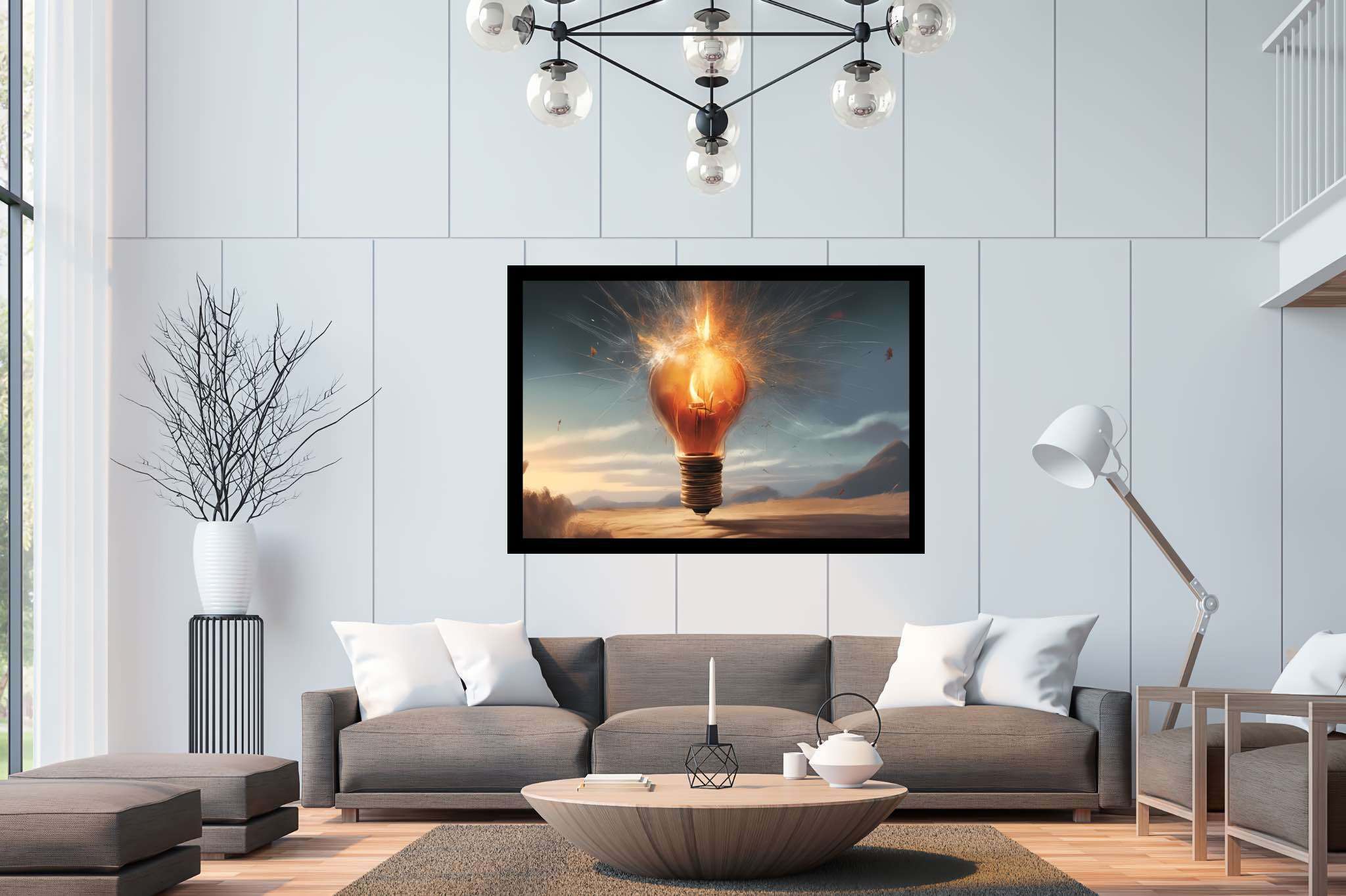Chiaroscuro dreamscape: Explosion art with explosive energy, in a room with chic decor, mural artworks, and home styling items. The art can be printed on poster, framed poster, canvas, metal, acrylic or wood, exclusively at WallArtZen. Find this exact print at https://wallartzen.com/waz220
