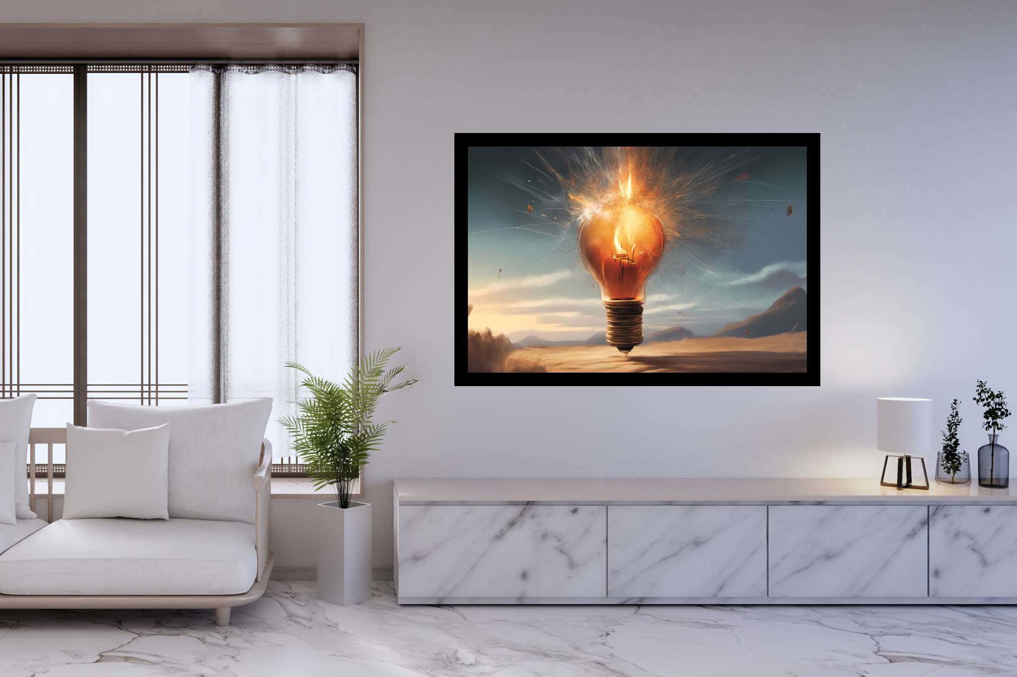 Chiaroscuro dreamscape: Explosion art with vibrant explosion, in a room with contemporary flair, canvas prints, and trendy home accents. The art can be printed on poster, framed poster, canvas, metal, acrylic or wood, exclusively at WallArtZen. Find this exact print at https://wallartzen.com/waz220