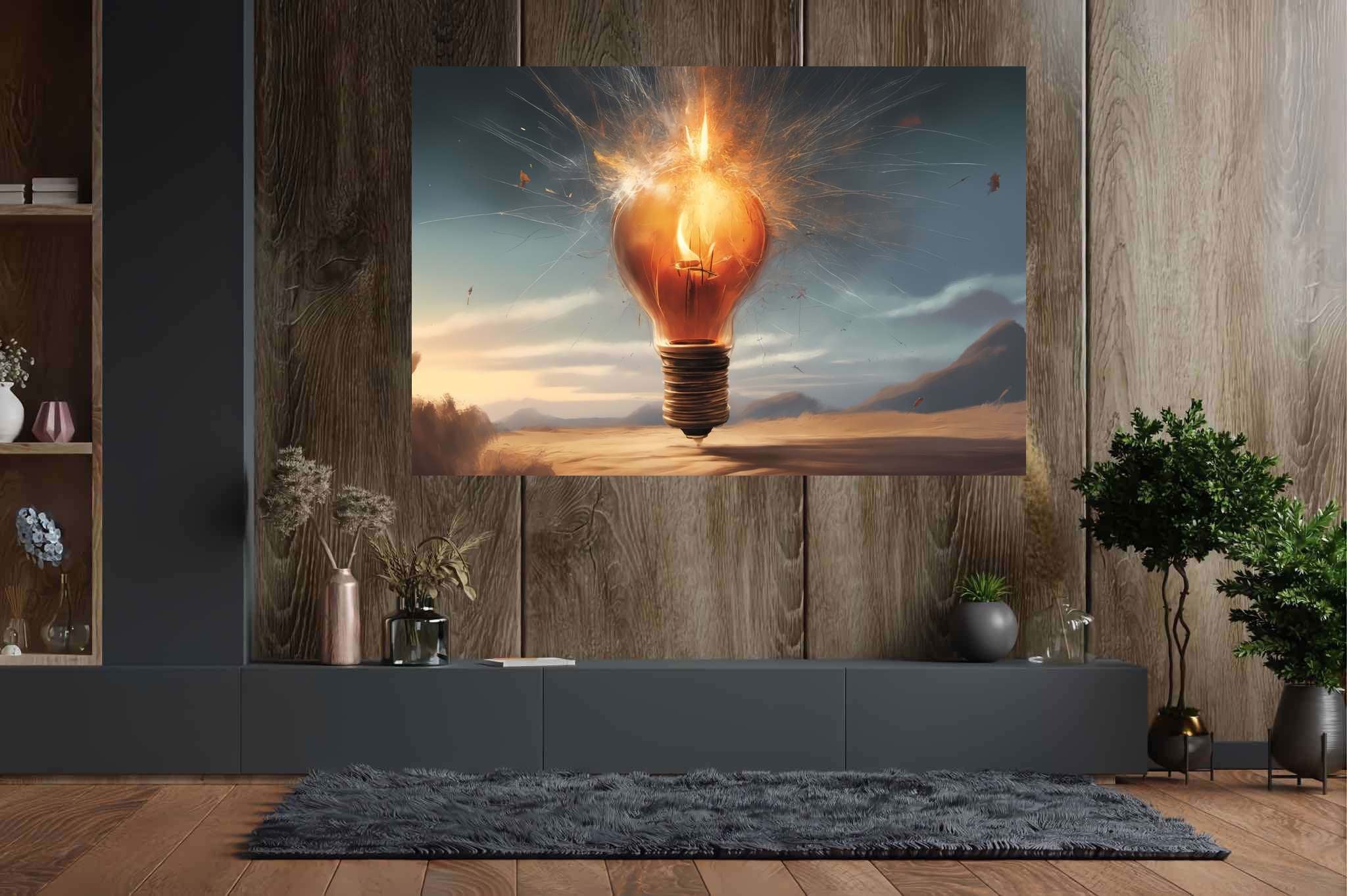 Chiaroscuro dreamscape: Explosion art with vibrant explosion, in a room with chic decor, wall hangings, and luxe decor. The art can be printed on poster, framed poster, canvas, metal, acrylic or wood, exclusively at WallArtZen. Find this exact print at https://wallartzen.com/waz220