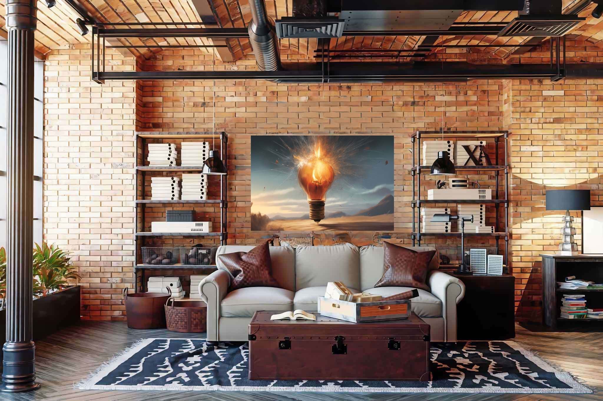 Chiaroscuro dreamscape: Explosion art with dynamic artwork, in a room with contemporary flair, gallery-quality artwork, and home furnishings. The art can be printed on poster, framed poster, canvas, metal, acrylic or wood, exclusively at WallArtZen. Find this exact print at https://wallartzen.com/waz220