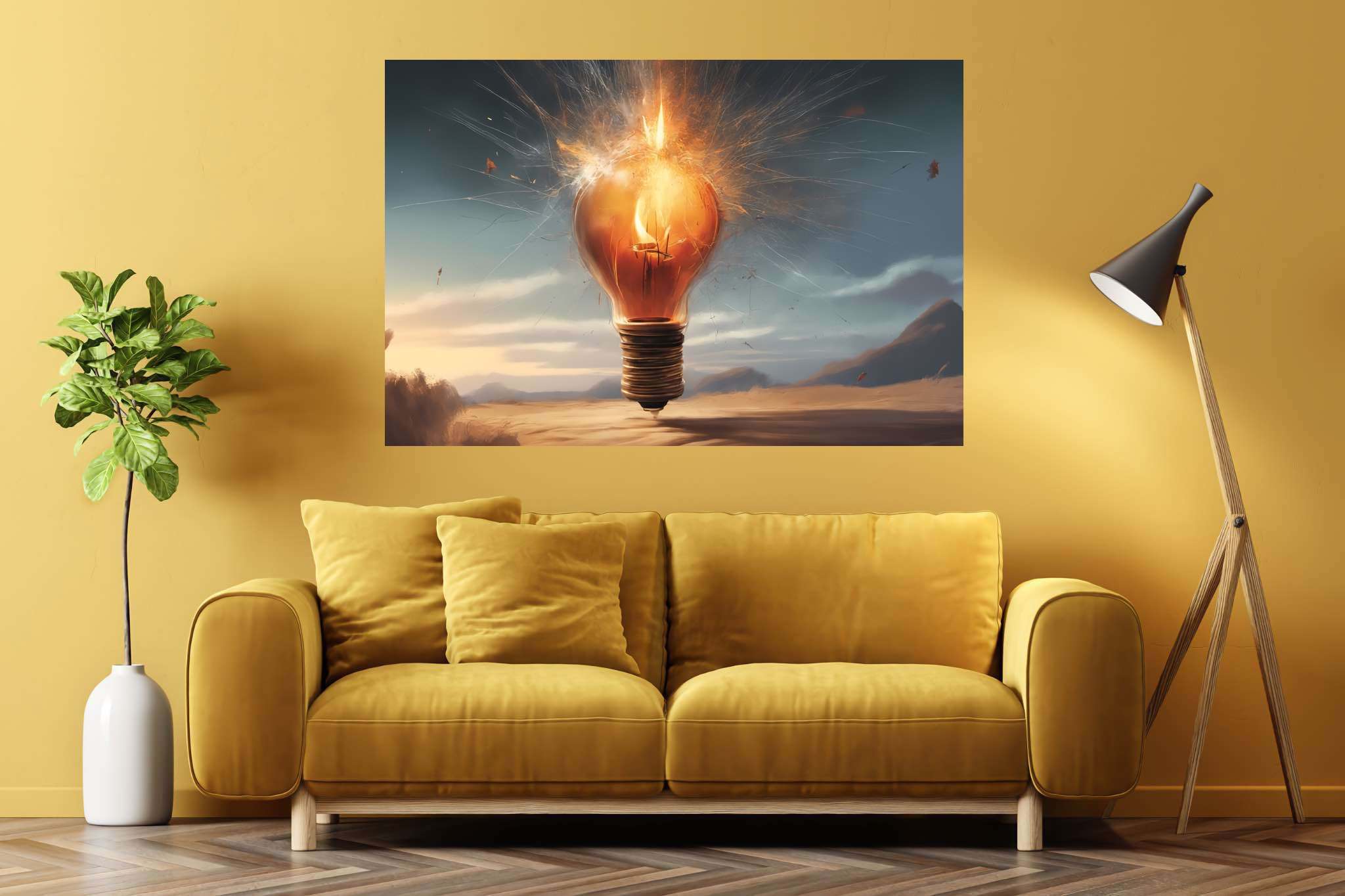 Chiaroscuro dreamscape: Explosion art with explosive imagination, in a room with chic decor, abstract paintings, and luxe decor. The art can be printed on poster, framed poster, canvas, metal, acrylic or wood, exclusively at WallArtZen. Find this exact print at https://wallartzen.com/waz220