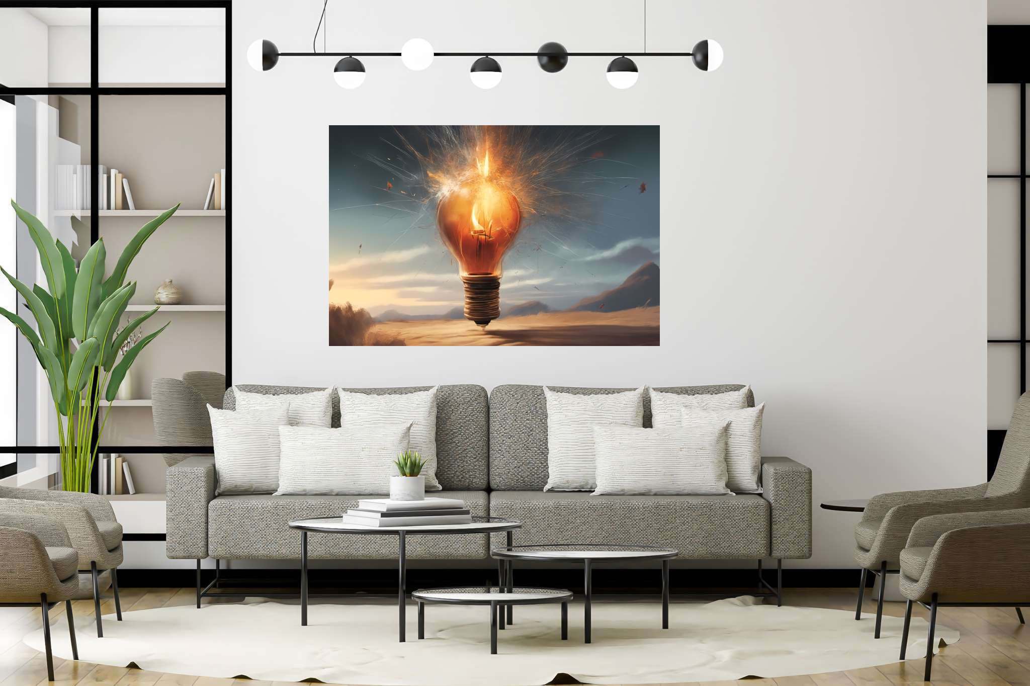 Chiaroscuro dreamscape: Explosion art with explosive expression, in a room with innovative layout, bespoke art designs, and stylish accessories. The art can be printed on poster, framed poster, canvas, metal, acrylic or wood, exclusively at WallArtZen. Find this exact print at https://wallartzen.com/waz220