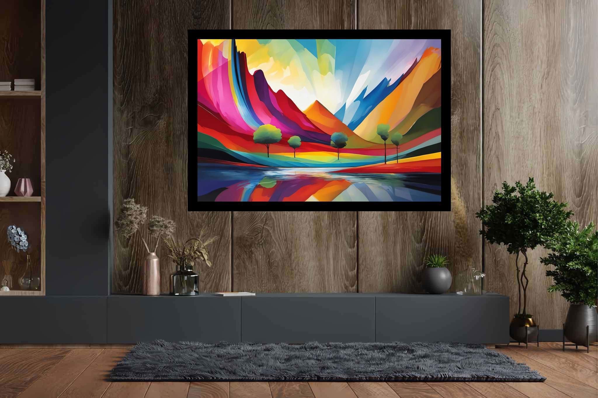 Chromatic summits serenade: Vibrant landscape art with colorful countryside, in a room with classic elegance, bespoke art designs, and home styling items. The art can be printed on poster, framed poster, canvas, metal, acrylic or wood, exclusively at WallArtZen. Find this exact print at https://wallartzen.com/waz221